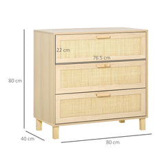 Kozy Rattan Bedroom Chest of Drawers, 3 Drawers Storage Unit, Boho Dresser for Living Room, Hallway, Natural