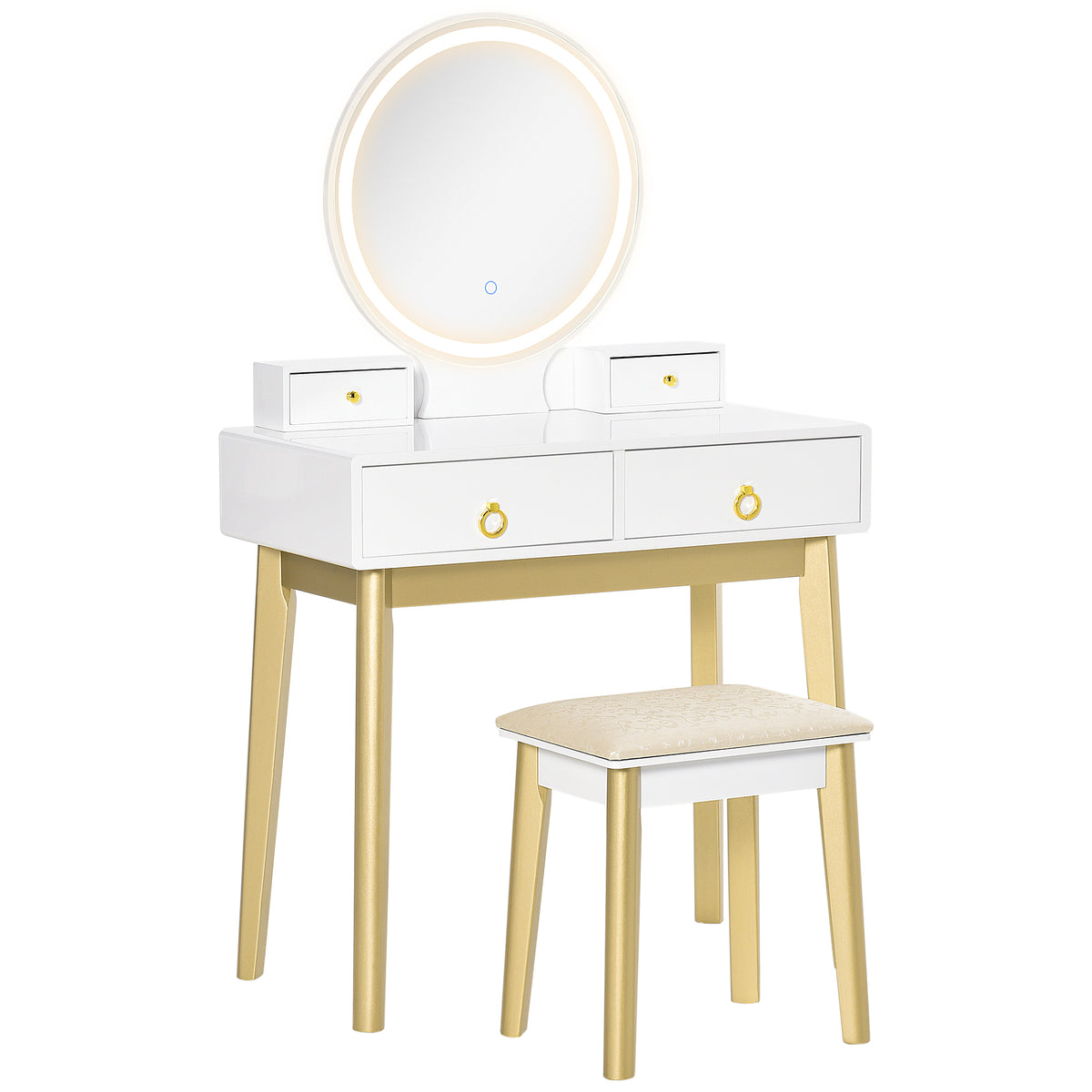Kozy Dressing Table Set with Mirror, Built-in 3 Color LED Light, Vanity Makeup Table with 4 Drawers and Cushioned Stool for Bedroom, White