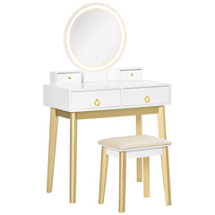 Kozy Dressing Table Set with Mirror, Built-in 3 Color LED Light, Vanity Makeup Table with 4 Drawers and Cushioned Stool for Bedroom, White
