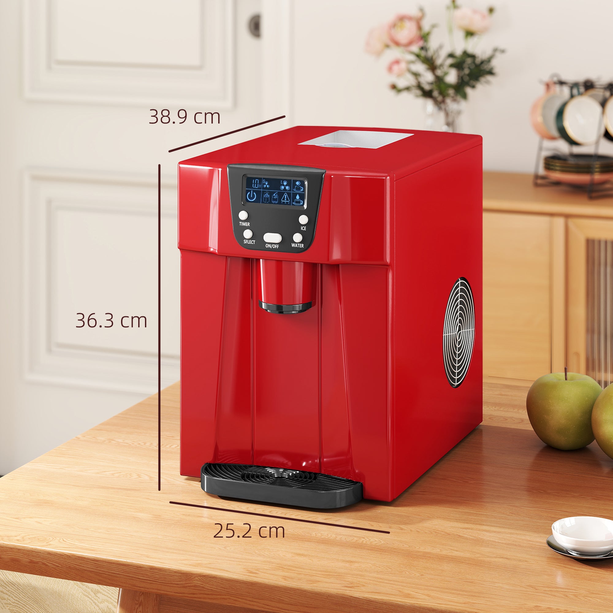 Kozy - 3L Ice Maker Machine and Water Dispenser, 12kg in 24H, 2 Sizes 9 Ice Cubes Ready in 6-10 Mins Ice Machine, Red