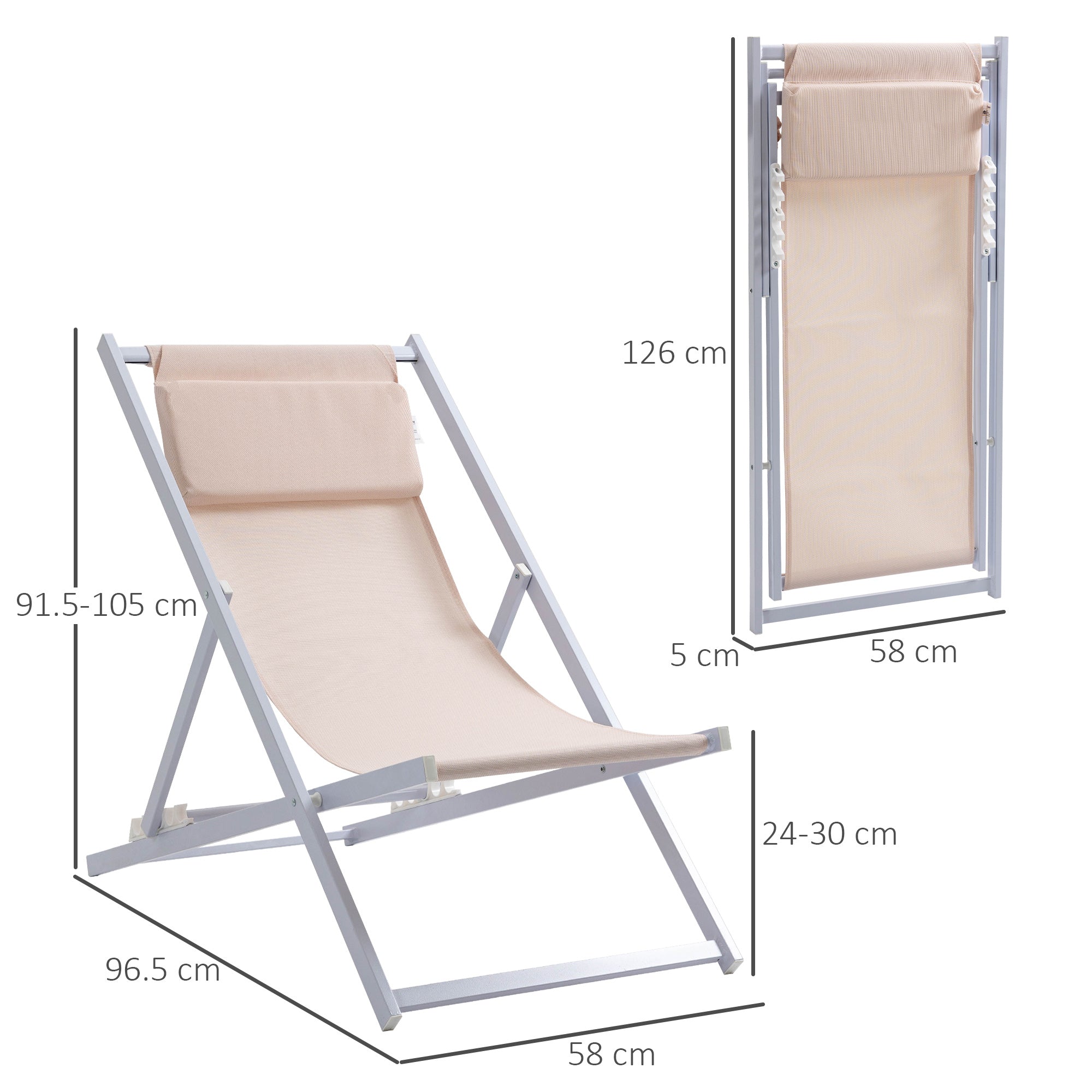 Kozy Set of 2 Folding Garden Beach Aluminium Frame Deck Chairs Deckchairs Seaside Folding Garden Patio Lounger, Beige