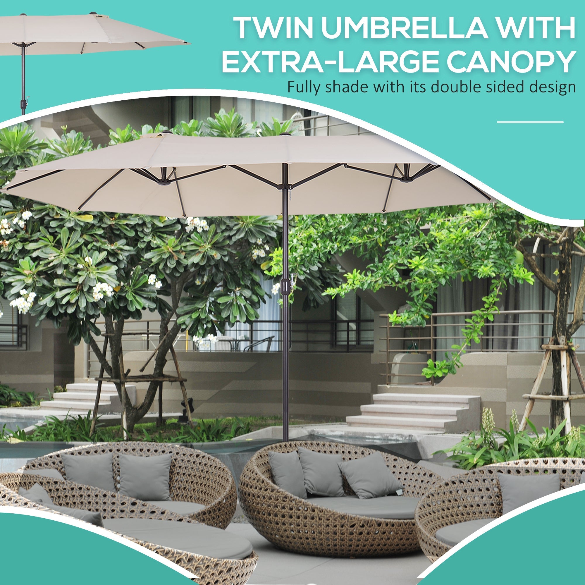 Outsunny Waterproof 4.6m Garden Parasol Double-Sided Sun Umbrella Patio Market Shelter Canopy Shade Outdoor Beige - NO BASE | Aosom UK