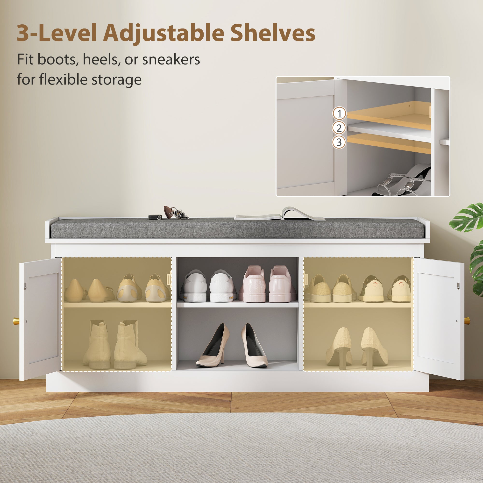 Kozy - Boho Shoe Storage Bench with Padded Cushion and Rattan Doors - White