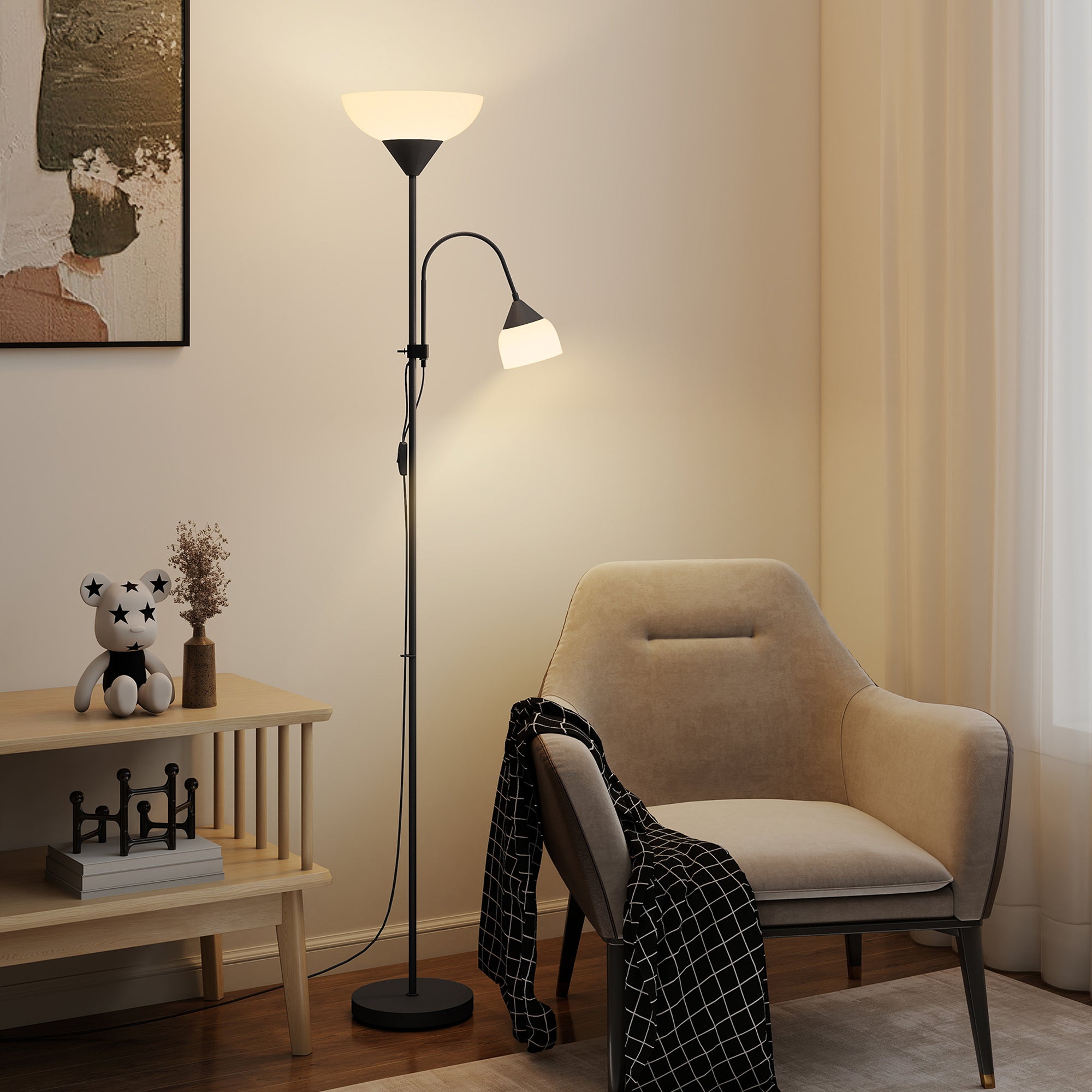 Kozy - LED Floor Lamp for Living Room, 180cm Tall Standing Lamp, Mother and Child Uplighter with Adjustable Gooseneck, Black