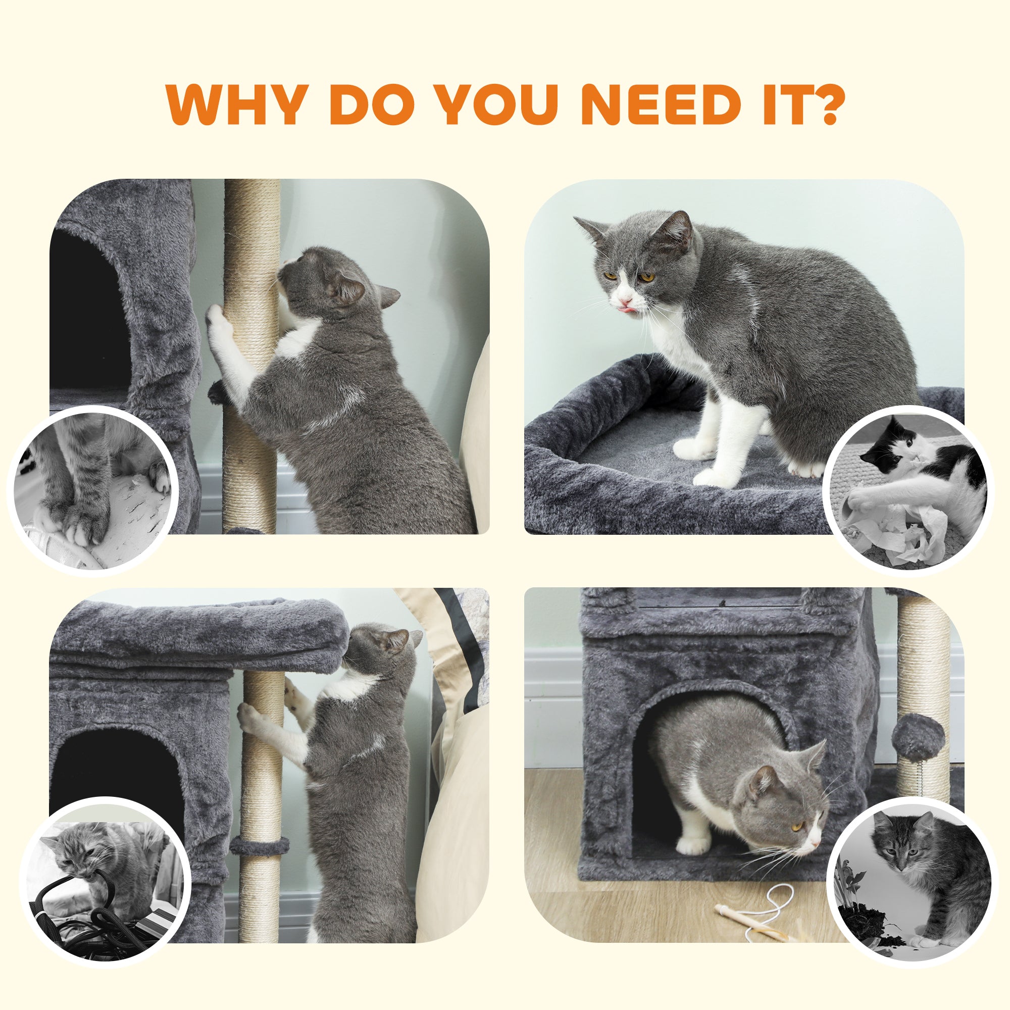 Kozy - 66 cm Small Cat Tree for Large Cats, Cat Tower w/ Large Top Perch, 2 Condos, Sisal Scratching Post, Toy Ball, Dark Grey