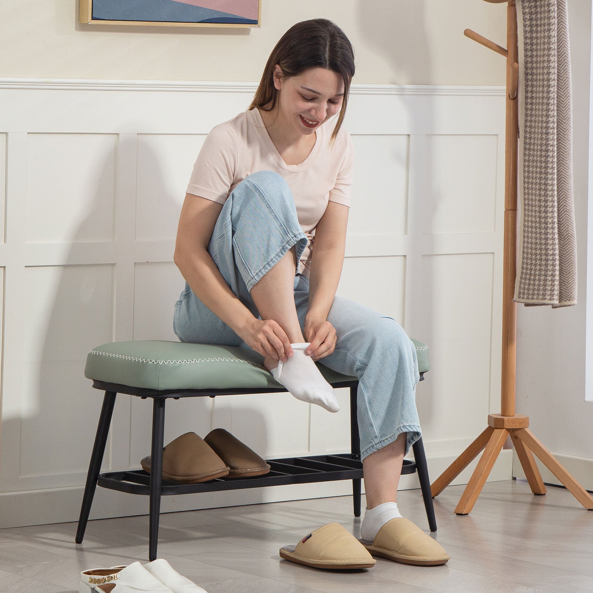 Kozy - PU Leather Shoe Storage Bench - Green