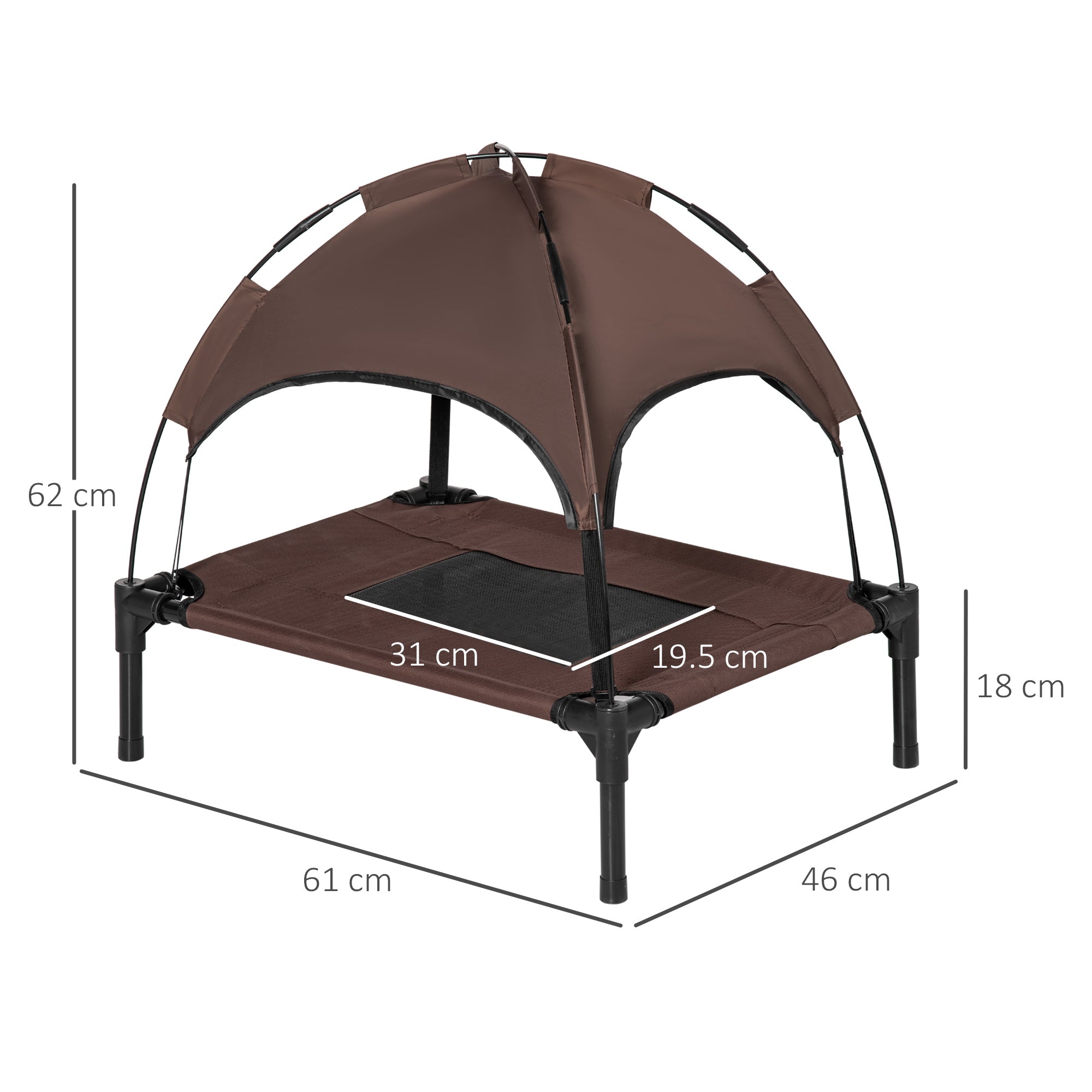Kozy Raised Dog Bed Waterproof Elevated Pet Cot with Breathable Mesh UV Protection Canopy Brown, for Small Dogs, 61 x 46 x 62cm