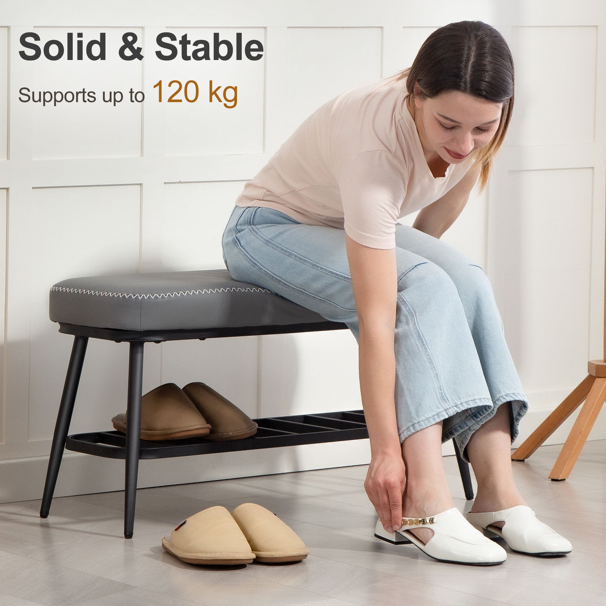 Kozy - PU Leather Shoe Storage Bench - Grey