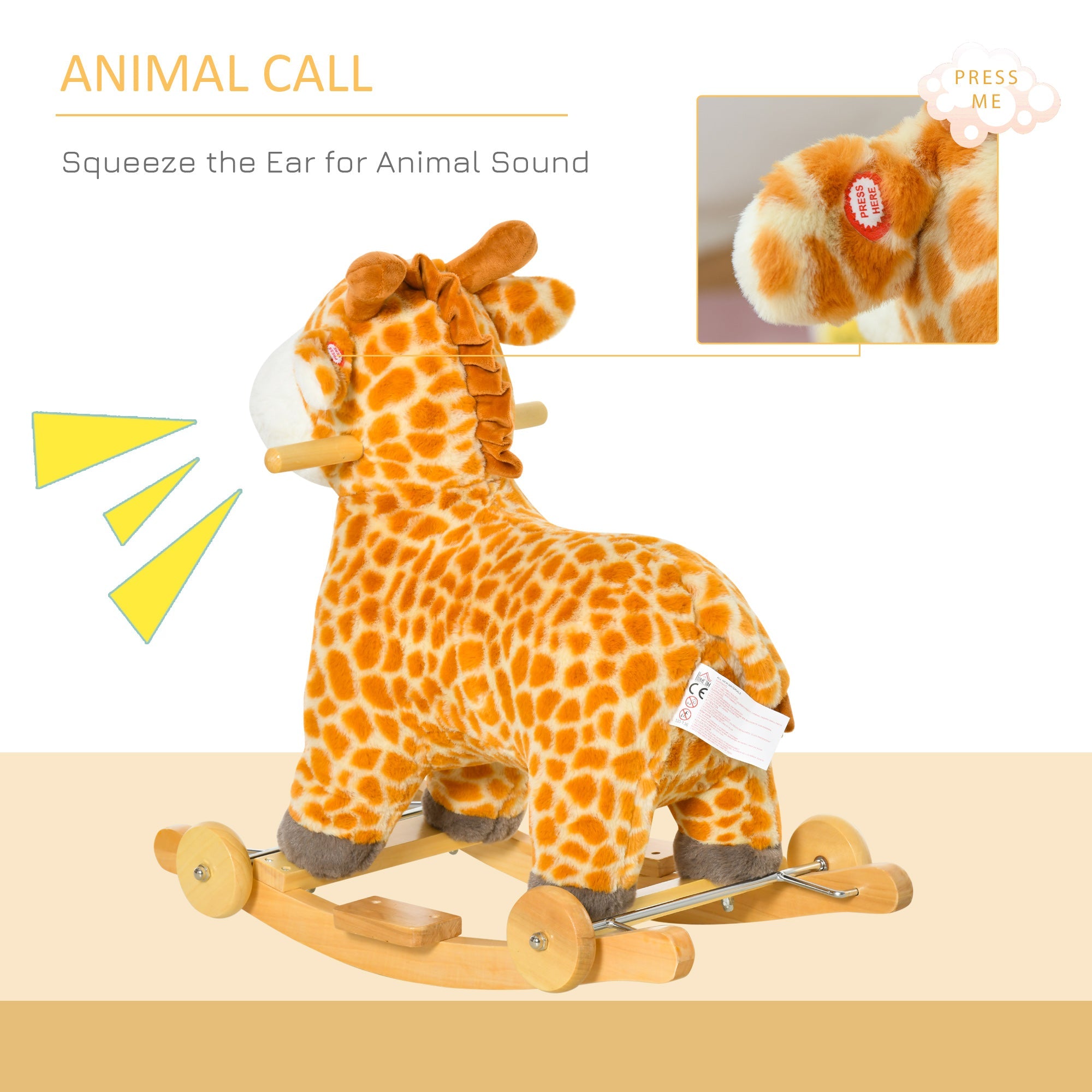 HOMCOM 2-IN-1 Kids Plush Ride-On Rocking Gliding Horse Giraffe-shaped Plush Toy Rocker with Realistic Sounds for Child 36-72 Months Yellow | Aosom UK