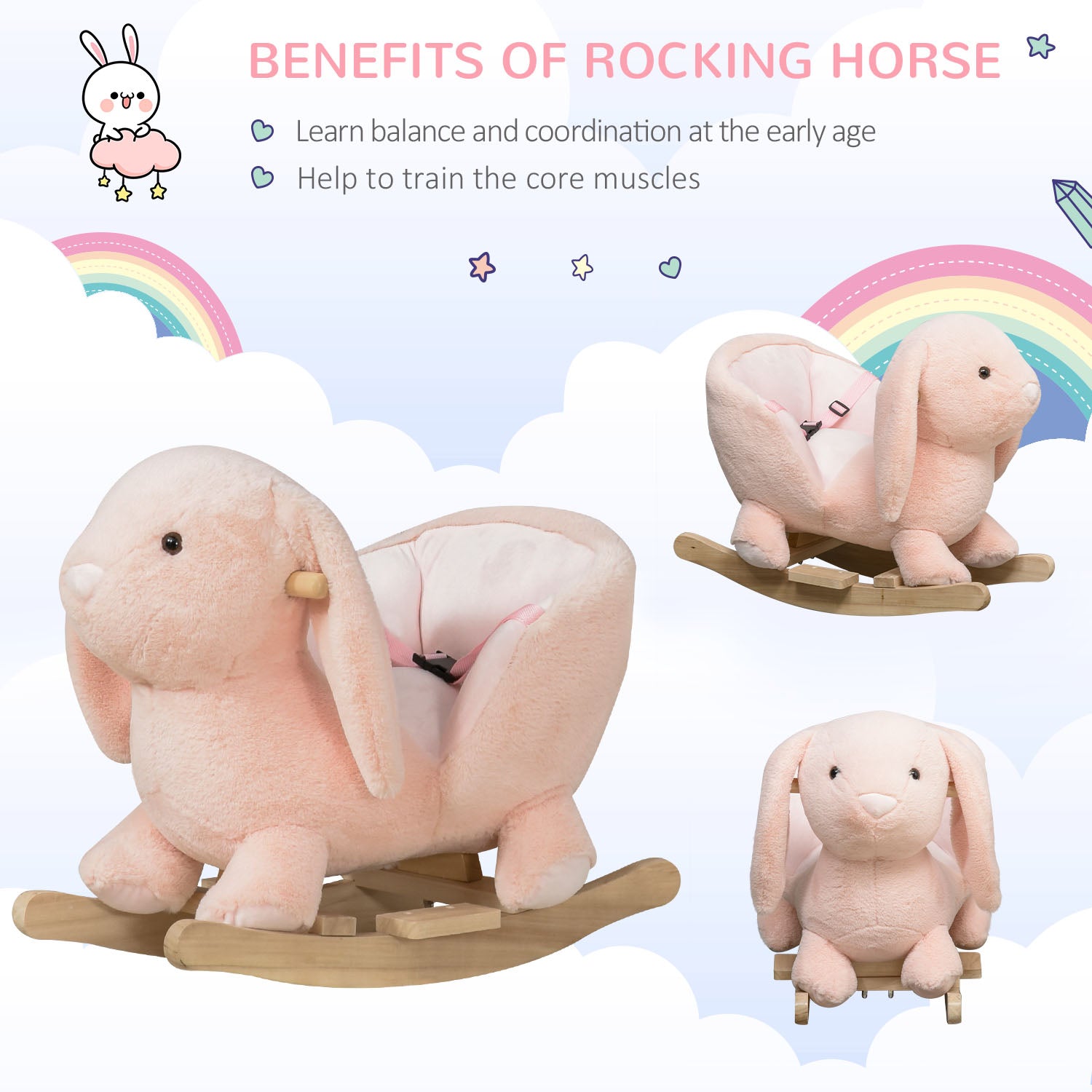 Kozy Kids Rocking Rabbit, Plush Rocking Horse Ride-On w/ Sound, Wood Base, Seatbelt, for Ages 18-36 Months, Pink