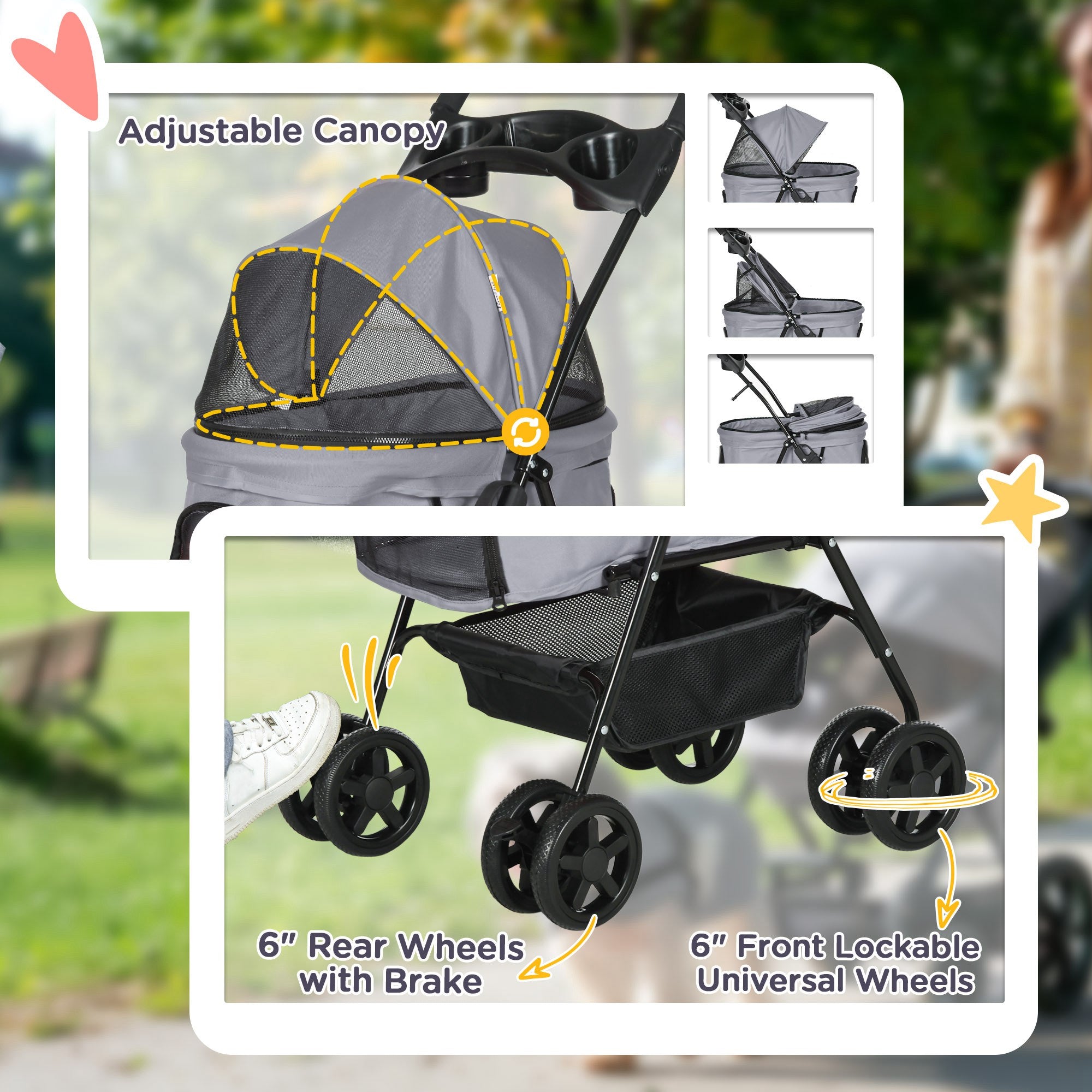 Kozy Dog Pram Dog Stroller Foldable Pet Pushchair with 4 Wheels, Safety Leashes, Cup Holder for Small Dogs, Grey
