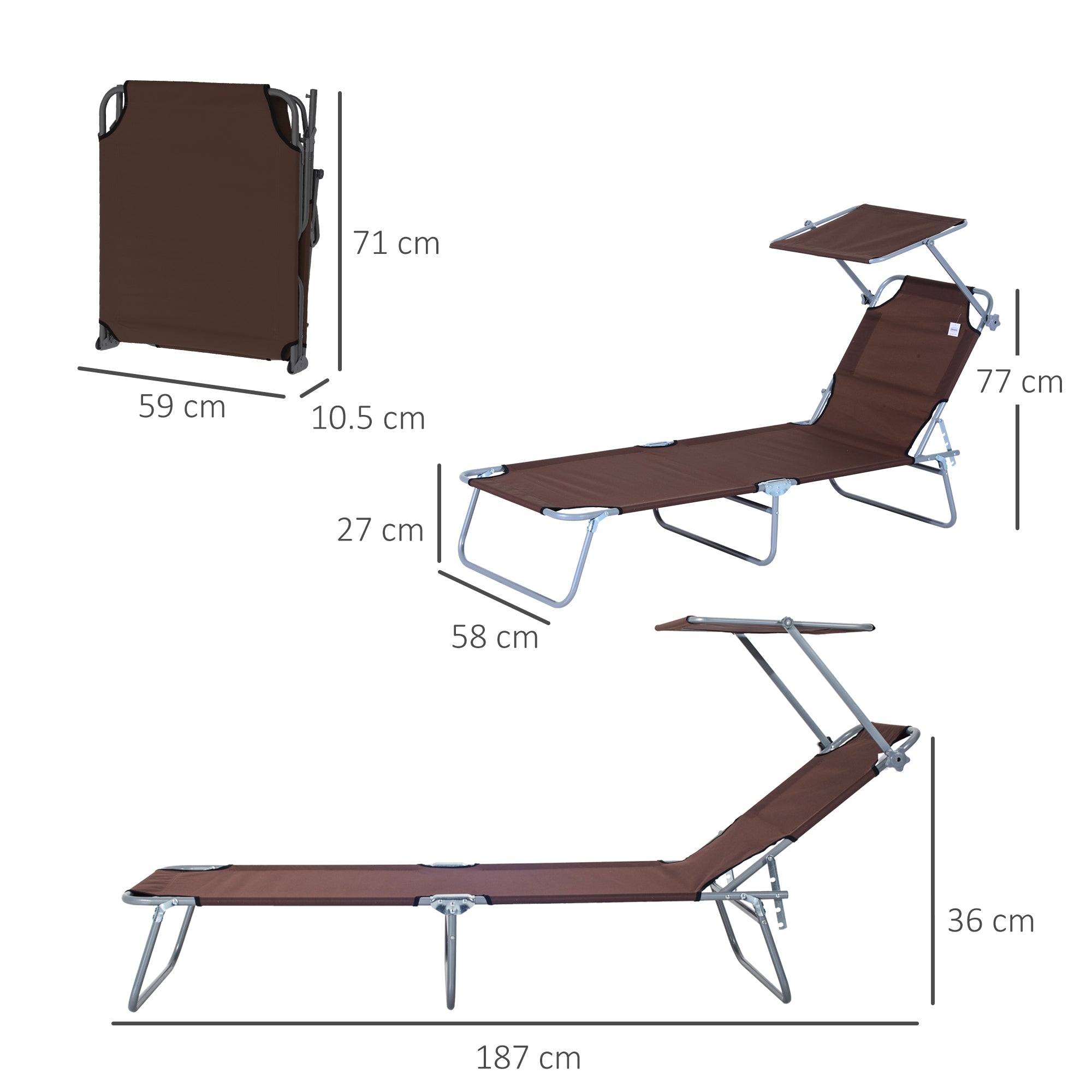 Outsunny Reclining Chair Sun Lounger Folding Lounger Seat with Sun Shade Awning Beach Garden Outdoor Patio Recliner Adjustable (Brown)