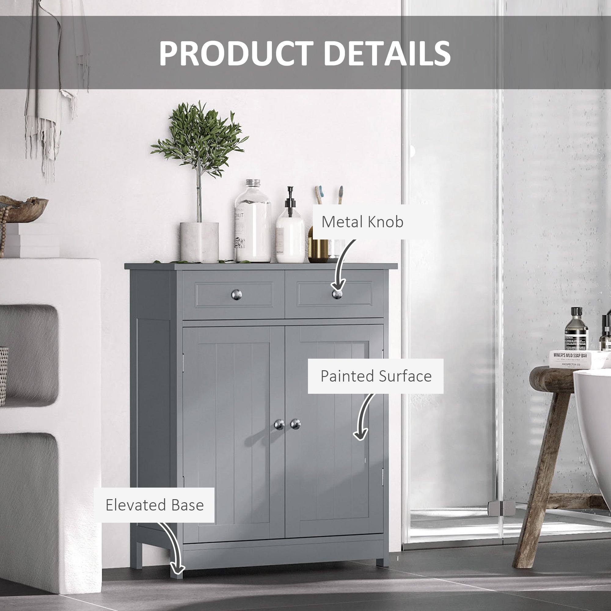 Kozy 75x60cm Freestanding Bathroom Storage Cabinet Unit w/ 2 Drawers Cupboard Adjustable Shelf Metal Handles Traditional Style Grey