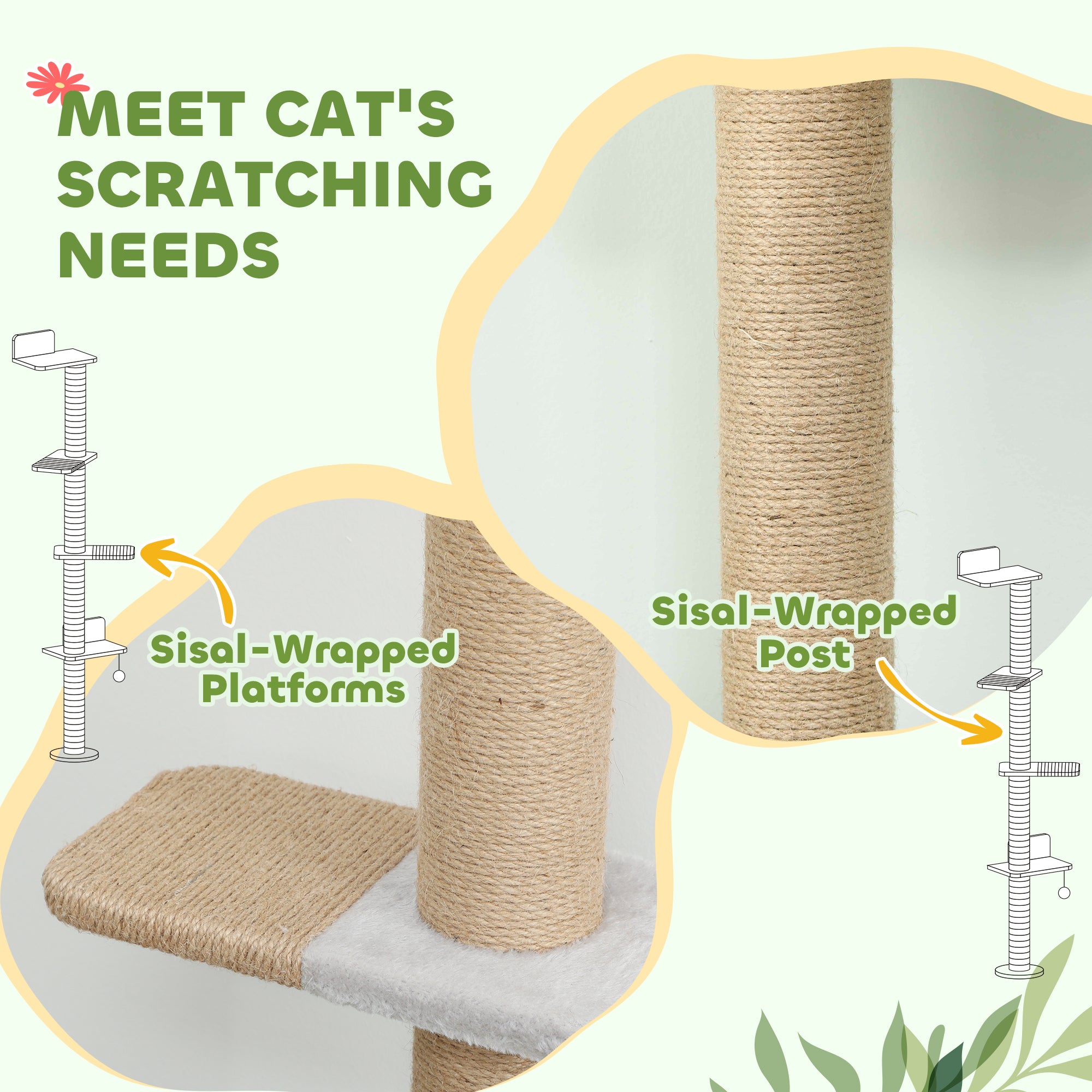 Kozy - Wall Mounted Cat Shelves, Cat Climbing Wall with 4 Climbing Platforms, Jute Scratching Post and Toy Ball,180cm Tall, Light Grey