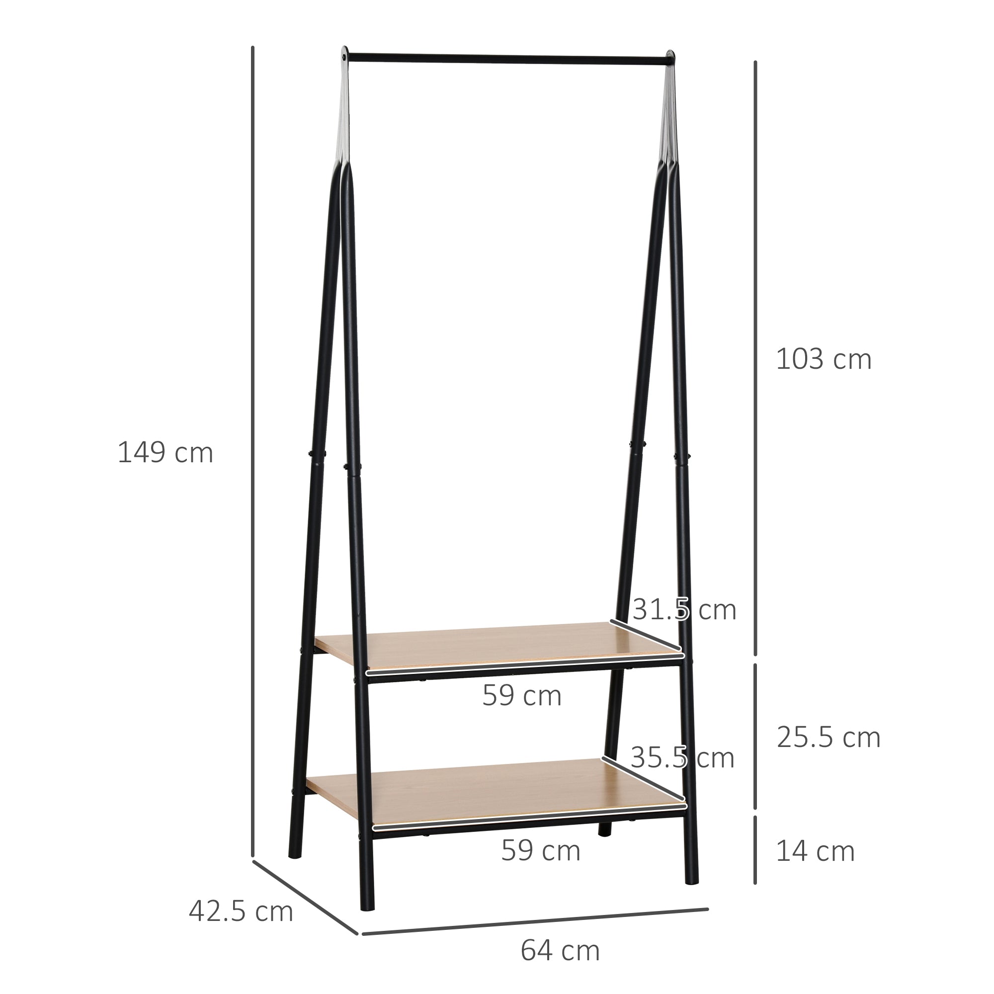 HOMCOM Metal Clothes Rail, Freestanding Rack with 2 Tier Storage Shelves, for Bedroom, Entryway, Black