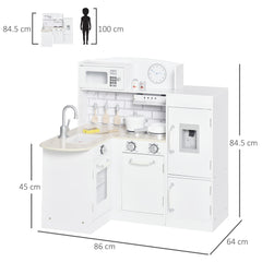 Kozy Kids Play Kitchen Wooden Toy Kitchen Cooking Set for Children with Drinking Fountain, Microwave, and Fridge White