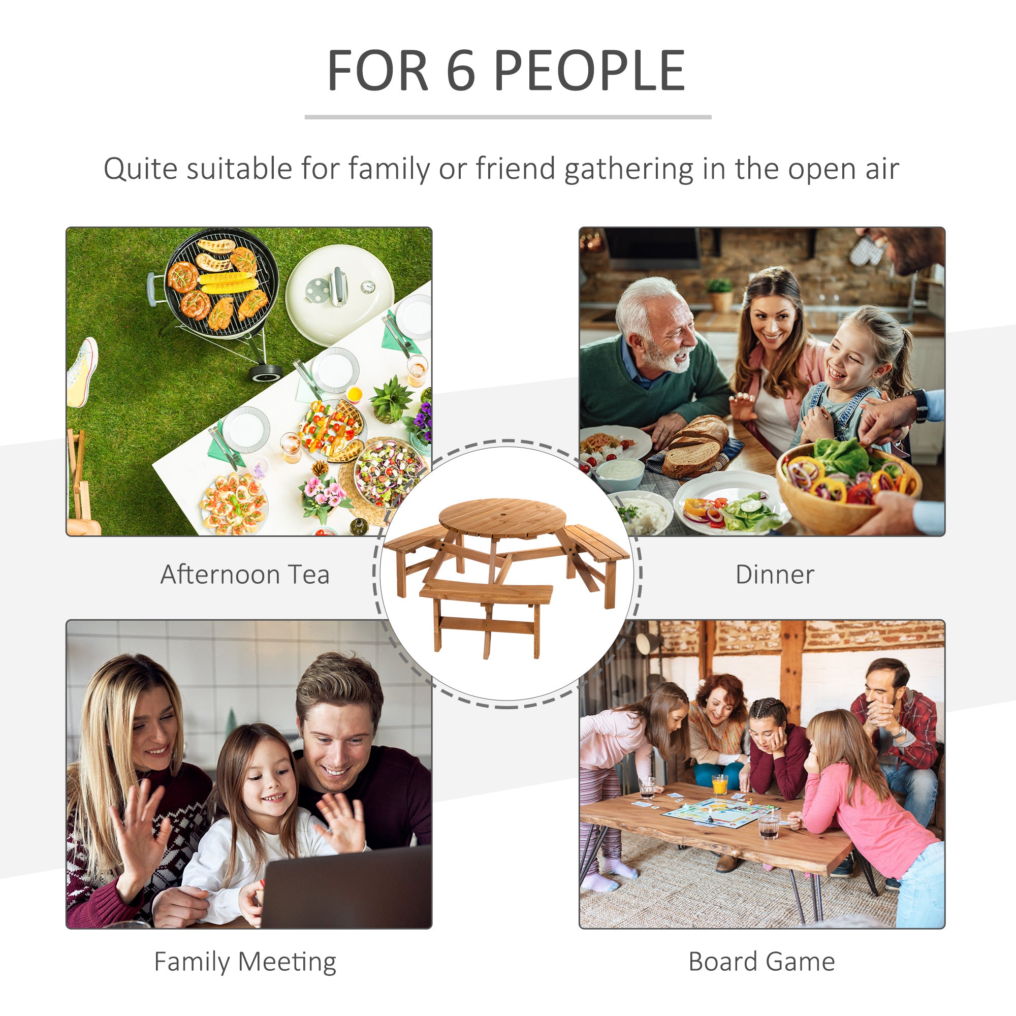 Kozy 6 Seater Wooden Picnic Table and Garden Benches Set, Round Garden Dining Set with 3 Benches and Umbrella Hole Outdoor Garden Park, Brownish Red