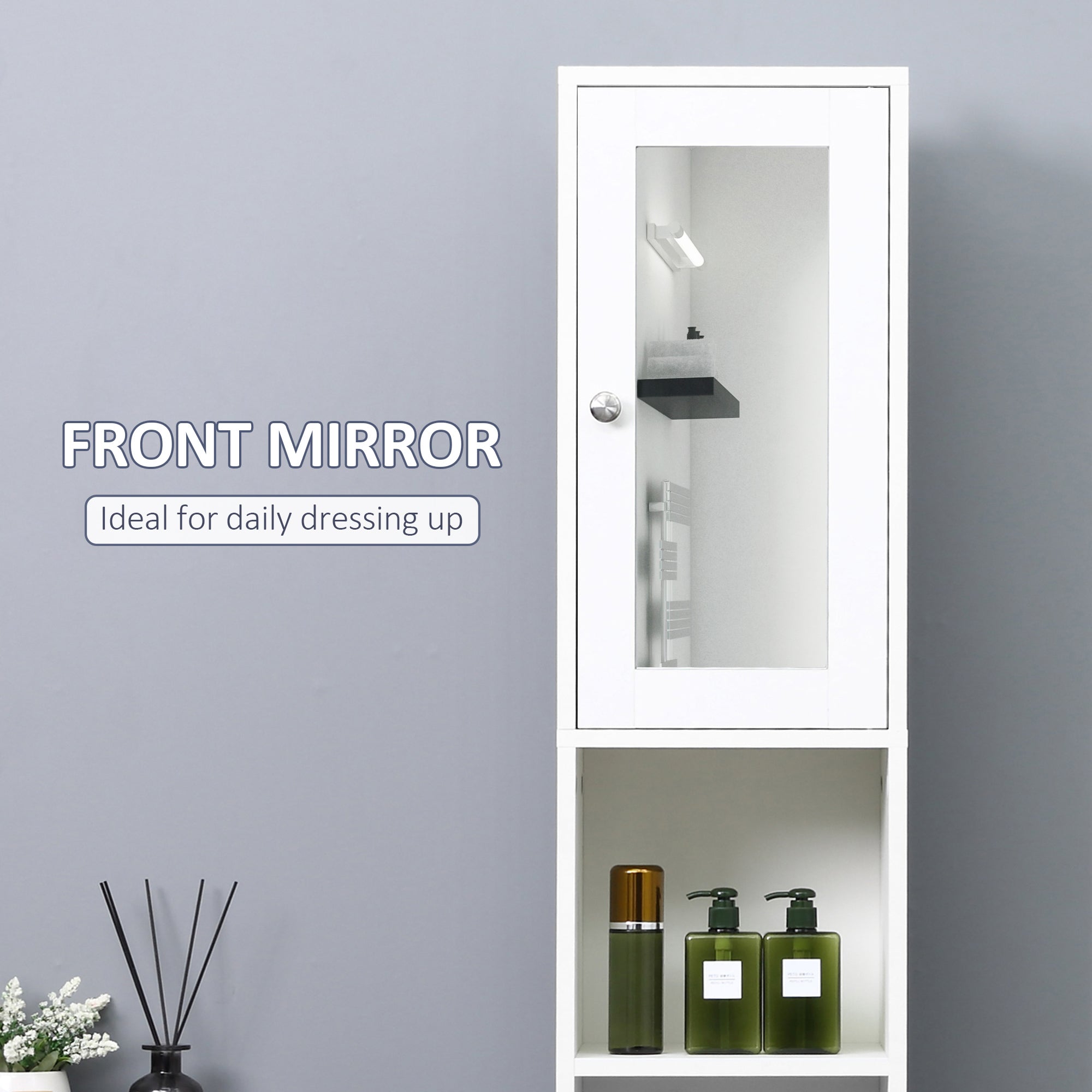 Kozy Tall Bathroom Storage Cabinet with Mirror, Freestanding Floor Cabinet Tallboy Unit with Adjustable Shelves, White