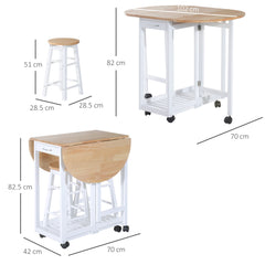 Kozy 3 Pieces Dining Room Set, Mobile Foldable Dining Table and 2 Stools with Storage Shelf, 2 Drawers and 6 Wheels, Drop Leaf Bar Table and Stools for Home Kitchen Pub, White