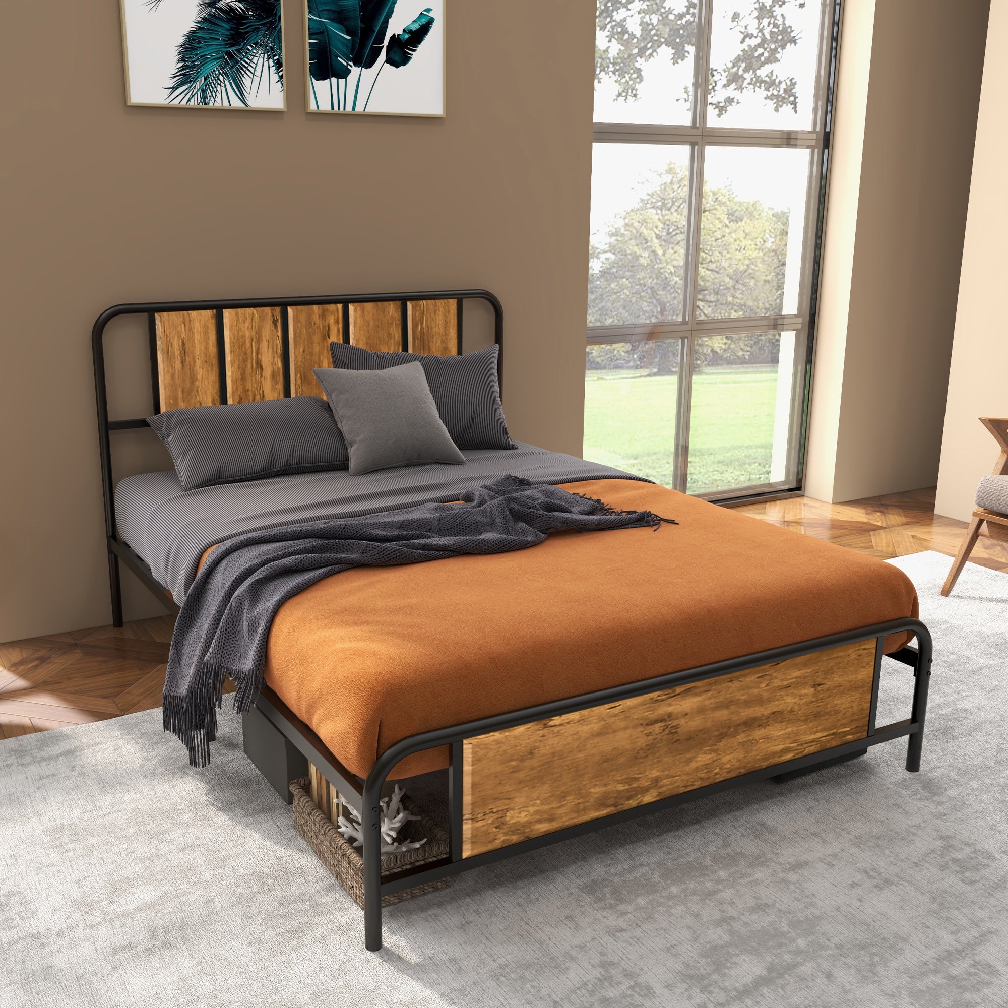 4.8ft Double Bed Frame with Industrial Wood Headboard, Steel Slat Support and 25.5cm Underbed Storage Space, 145 x 197cm, Rustic Brown