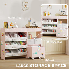Kozy Kids Toy Storage Unit with 11 Bins, Cabinet, Top Shelves, 3 Stickers, for Nursery, Playroom, Pink