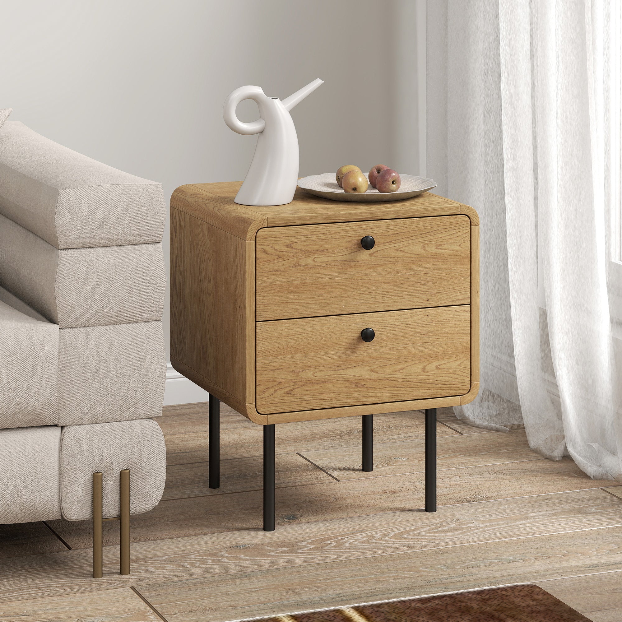Kozy Bedside Table with 2 Drawers and Steel Legs - Oak