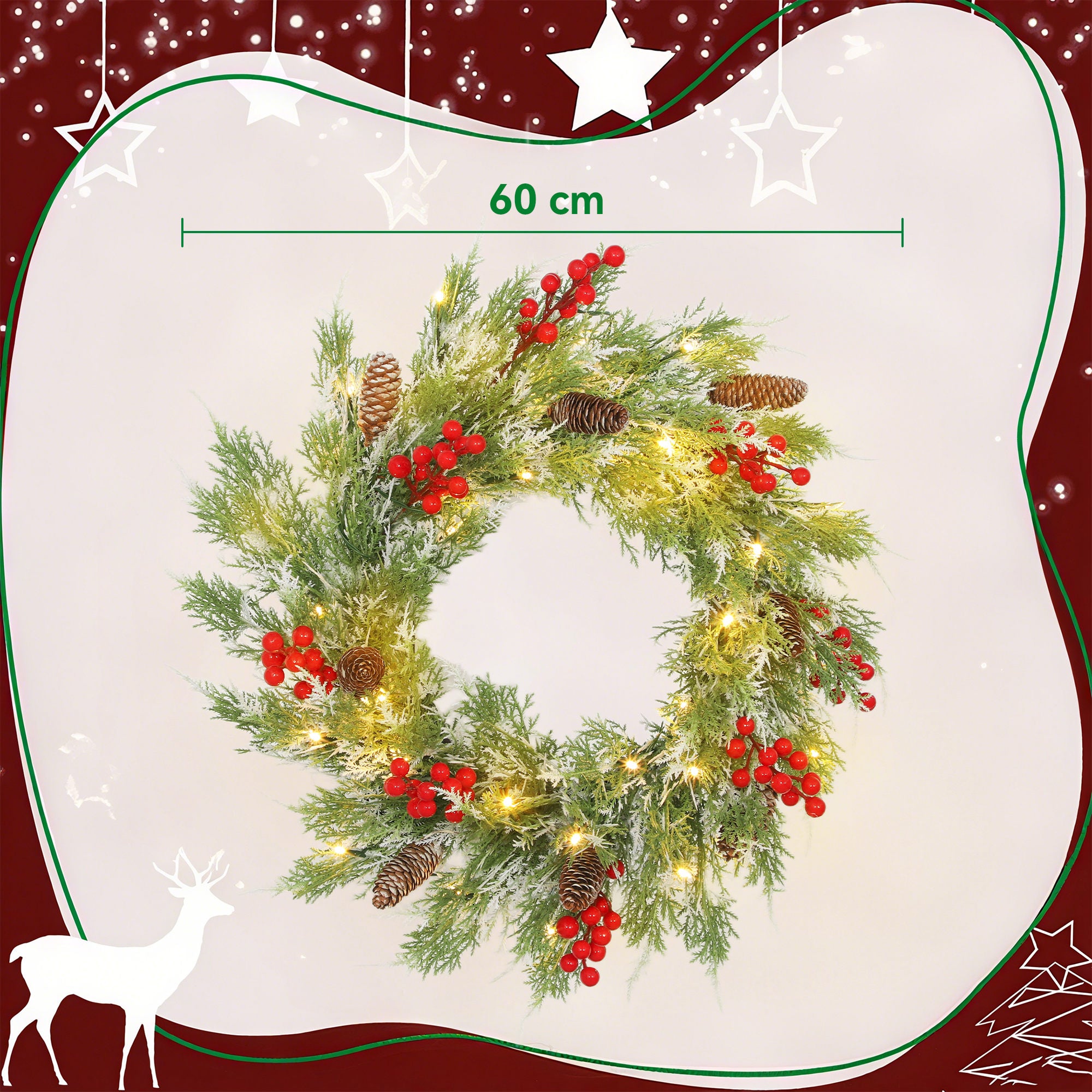 Kozy - 60 cm Prelit Christmas Wreath, Door Wreath with Realistic Branches, 30 Warm White LEDs, Timer, Battery Operated