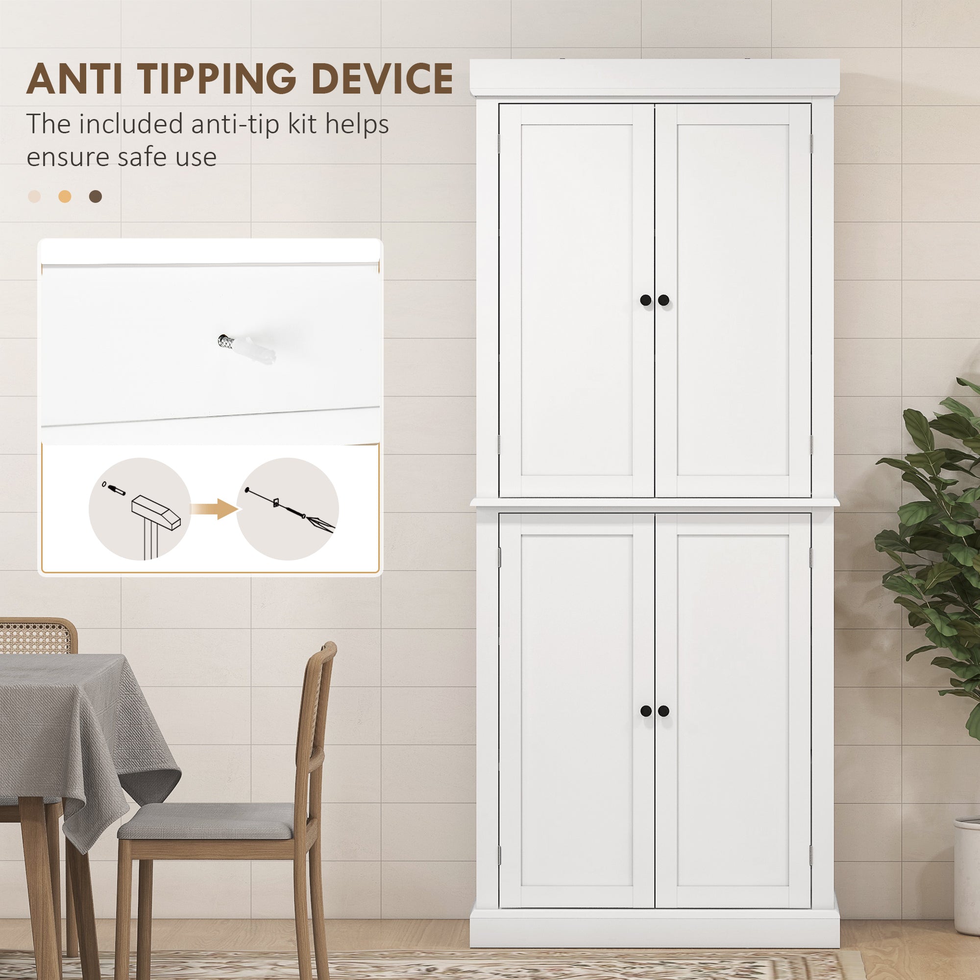 Kozy Freestanding Kitchen Cupboard with 4 Doors, Storage Cabinet with 6-Tier Shelving and 4 Adjustable Shelves, White