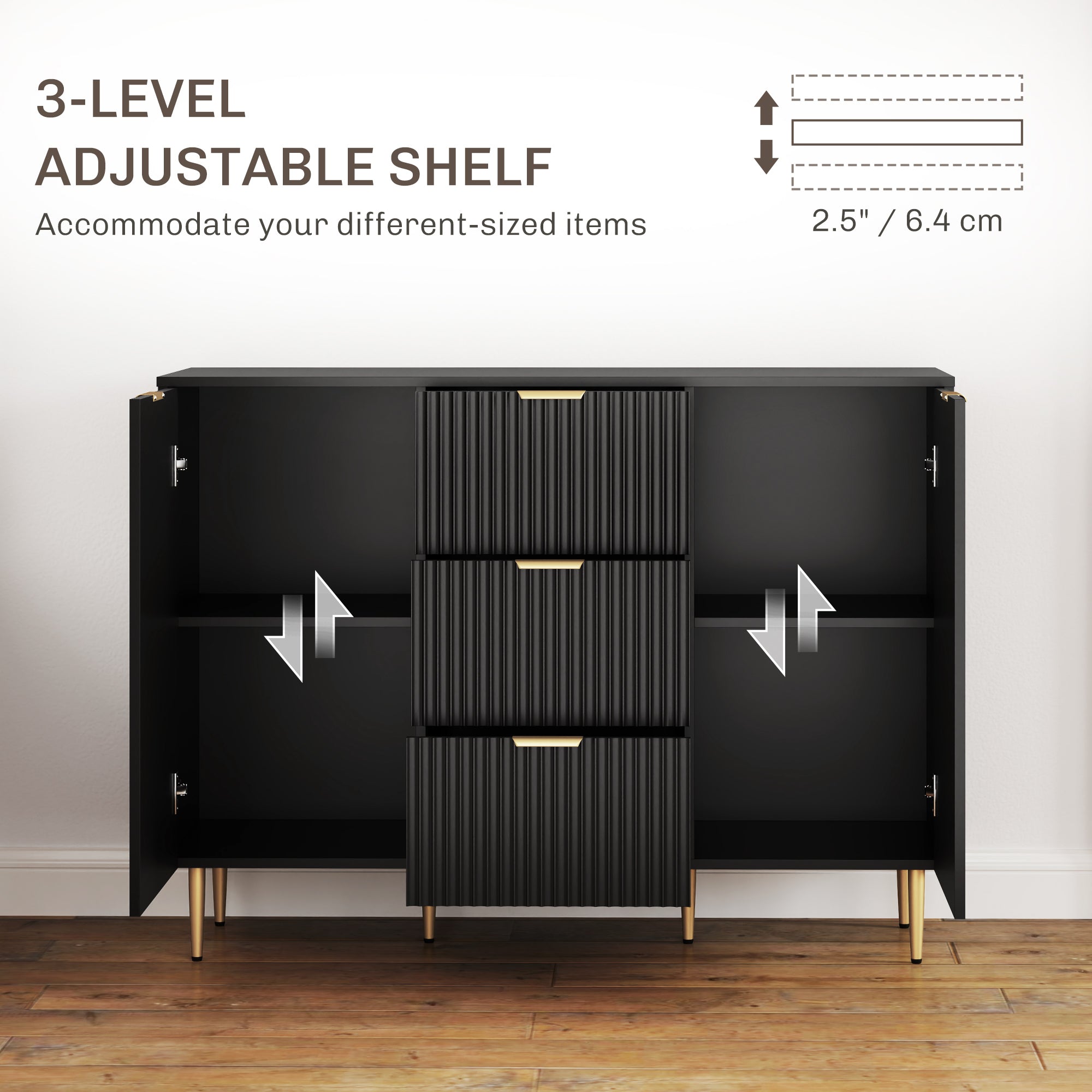 Kozy 2-Door Sideboard with 3 Drawers and Adjustable Shelves - Black