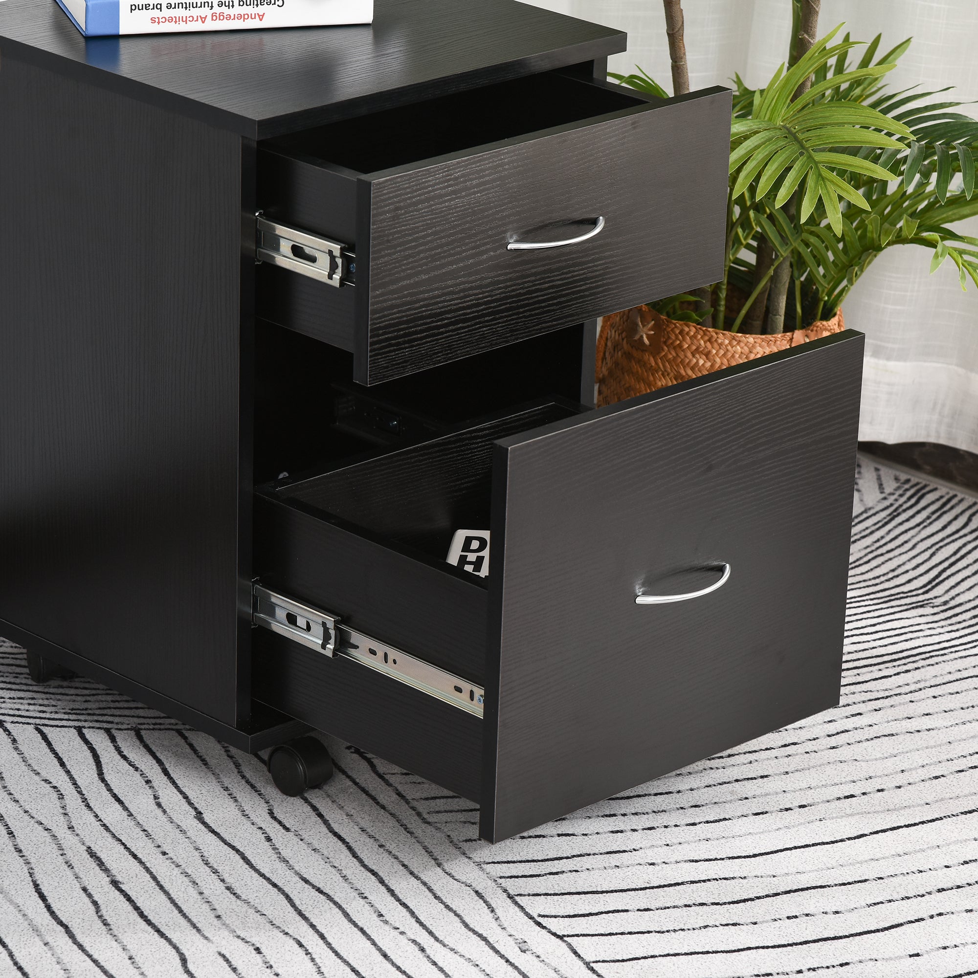 HOMCOM File Cabinet Cupboard Storage with Two Drawers, Table Storage Box with Wheels, Cabinet Bedside Table Storage Box, Black