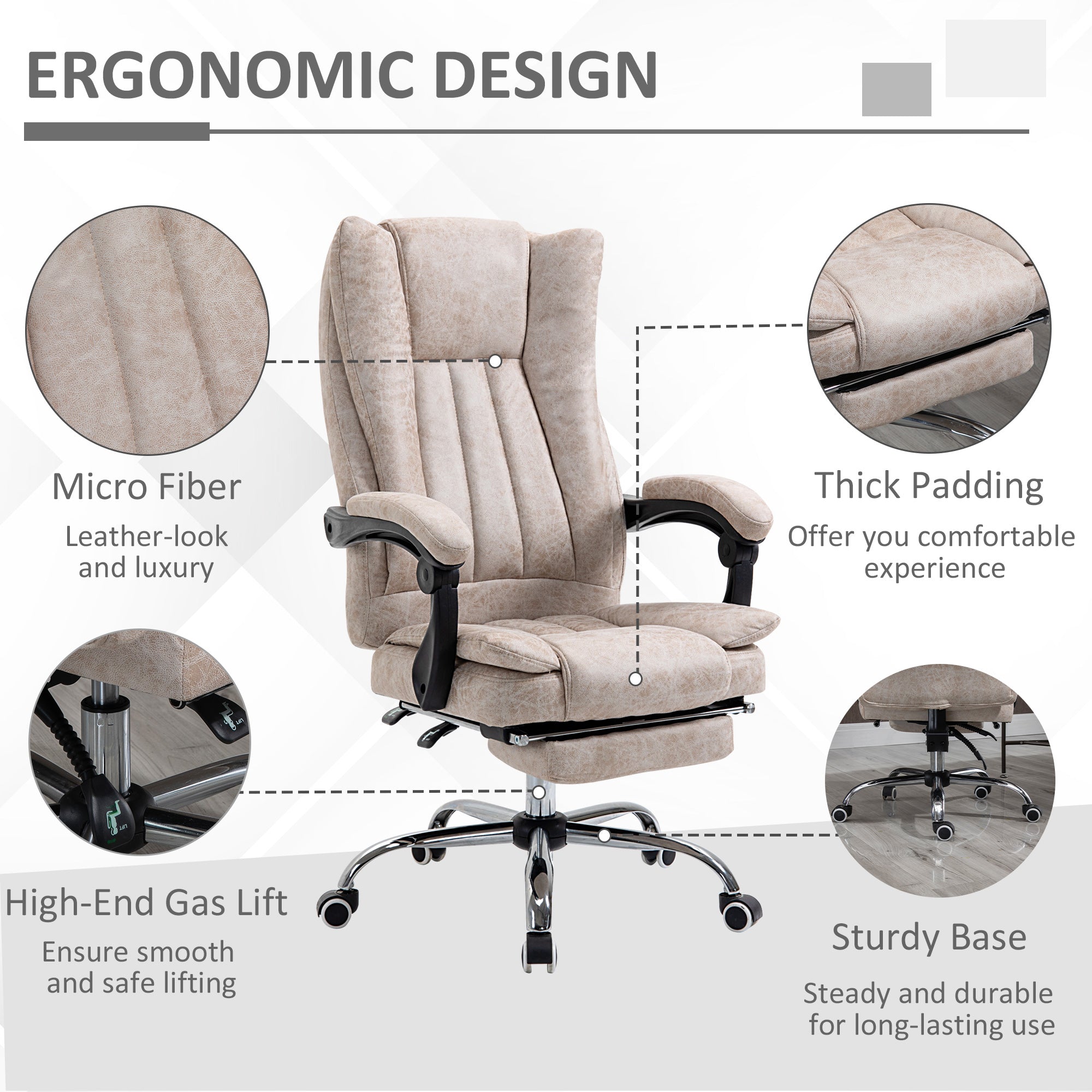 Kozy Home Office Chair Microfibre Desk Chair with Reclining Function Armrests Swivel Wheels Footrest Beige