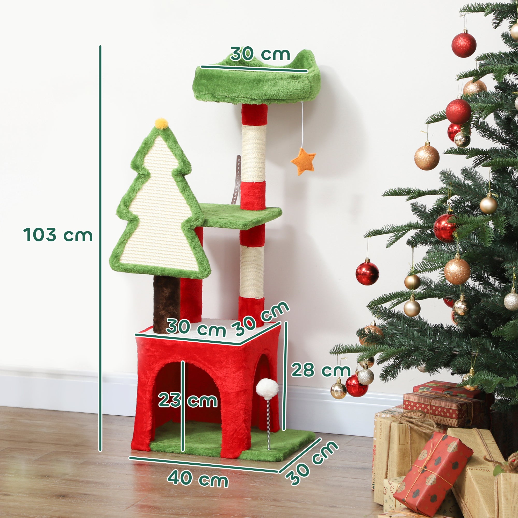 Kozy - Christmas Cat Tree, 120cm Cat Tower with Scratching Post & Board, Platform, Toys, Green