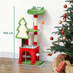 Kozy - Christmas Cat Tree, 120cm Cat Tower with Scratching Post & Board, Platform, Toys, Green