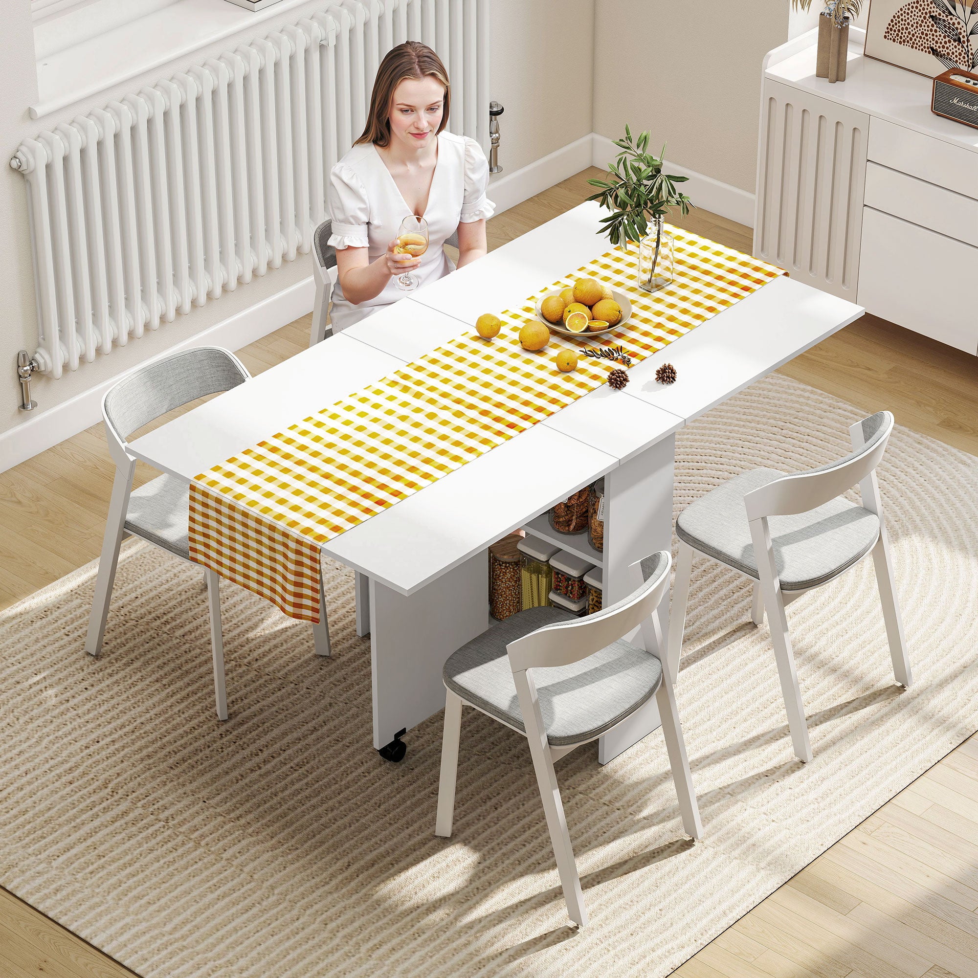 Kozy Folding Dining Table, Drop Leaf Table with 2-Tier Shelves, Rolling Casters, for Small Spaces, Kitchen, White