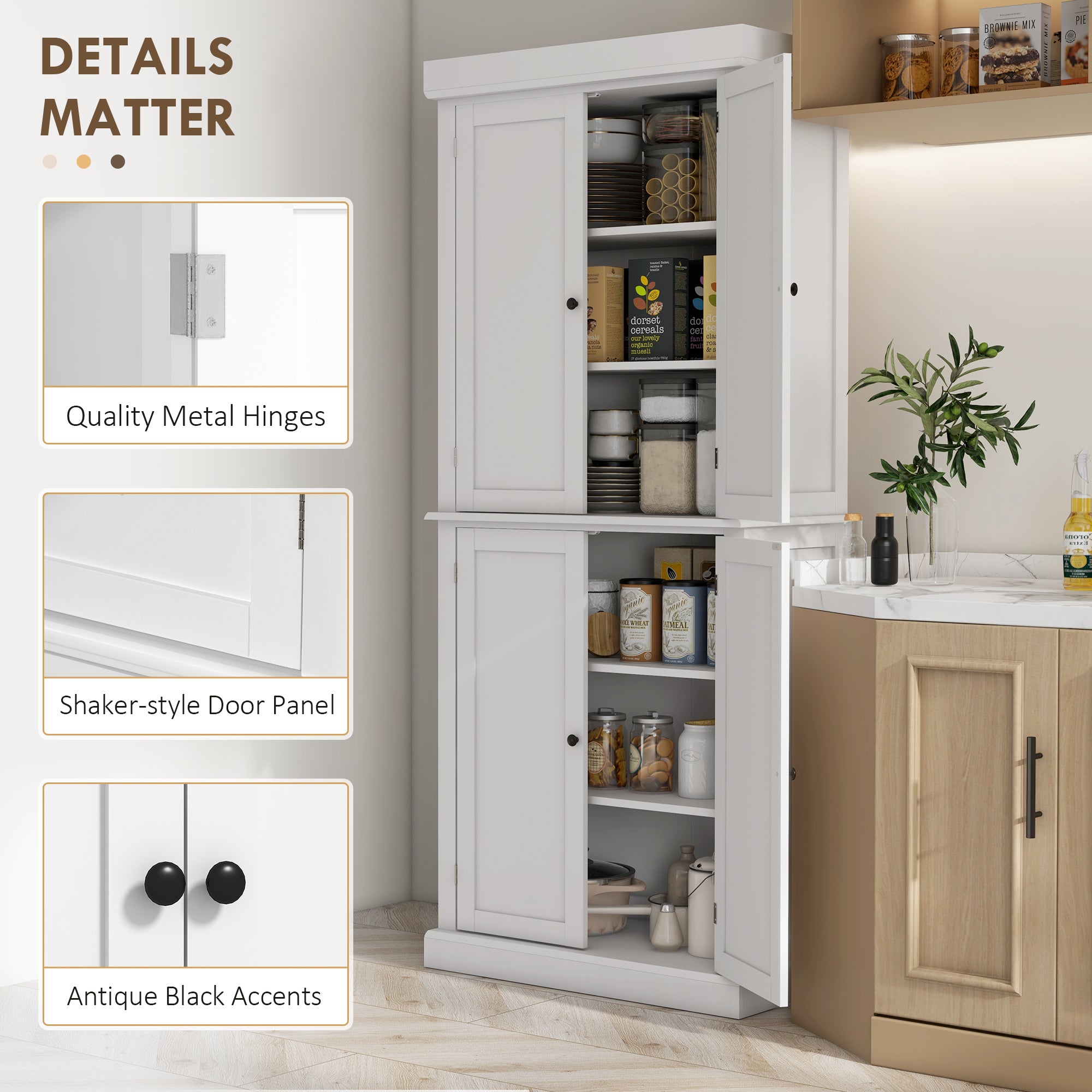 Kozy Freestanding Kitchen Cupboard with 4 Doors, Storage Cabinet with 6-Tier Shelving and 4 Adjustable Shelves, White