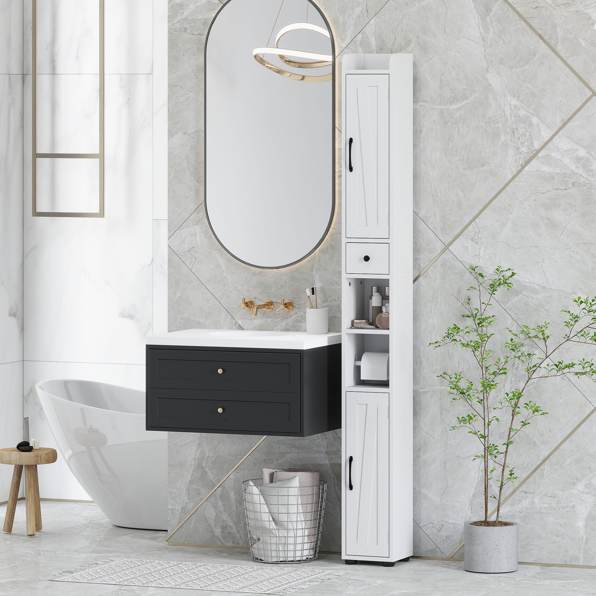 Kozy - Tall Bathroom Cabinet, Farmhouse Slim Bathroom Storage Cabinet with Barn Doors, Toilet Paper Roll Holder, Drawer and Adjustable Shelves, Narrow Bathroom Storage Unit, 20 x 20 x 185cm, White