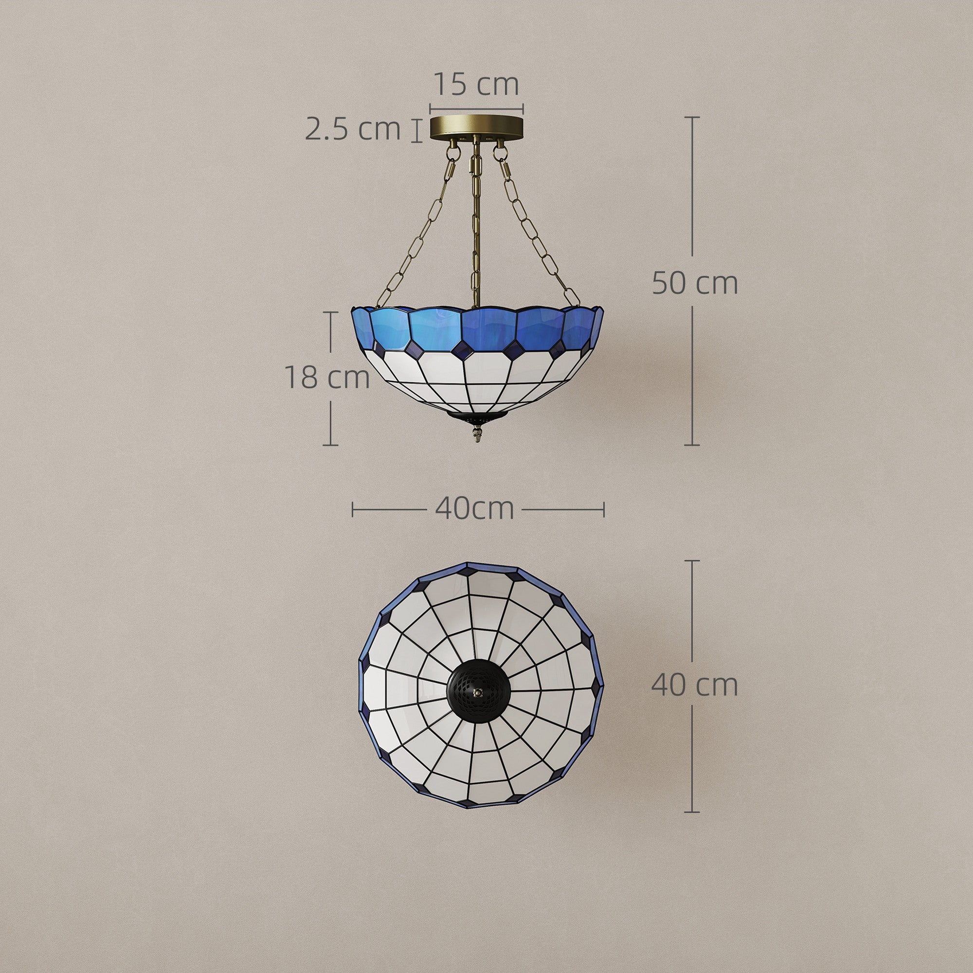 Kozy Tiffany Style Ceiling Light, Vintage Chandelier with 3 E27 Sockets, Semi Flush Mount for Living Room, Bulbs Not Included