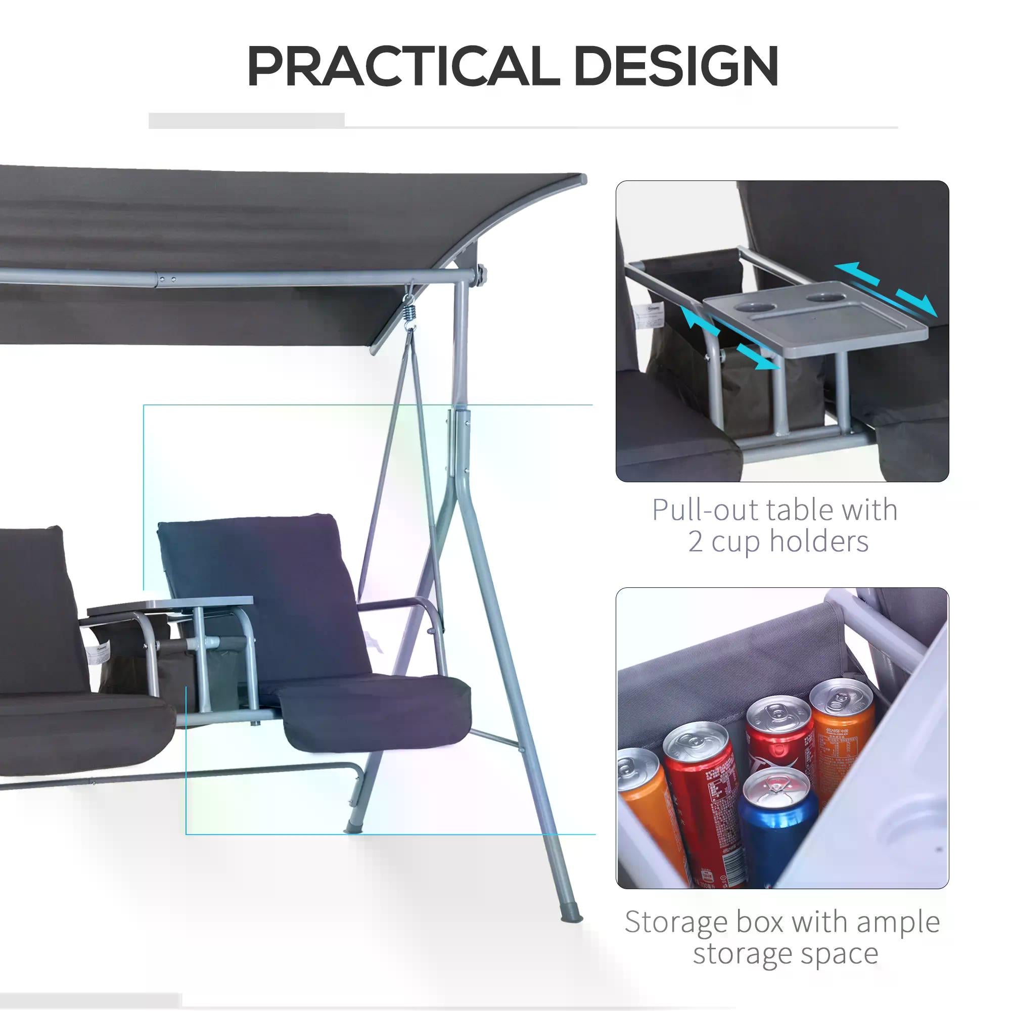 Kozy Steel Frame 2-Seater  Swing Chair w/ Table Grey