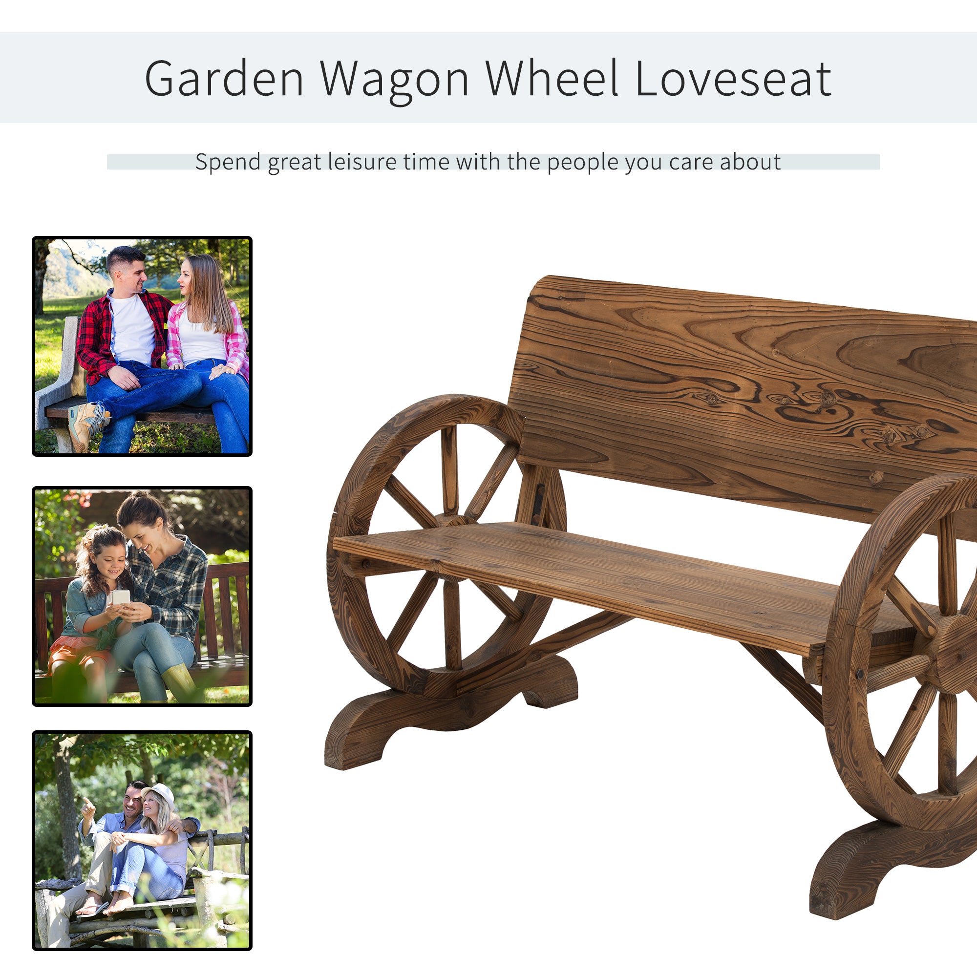 Outsunny Wooden Cart Wagon Wheel 2 Seater Garden Bench Outdoor Chair Rustic High Back Loveseat Burnt Stained