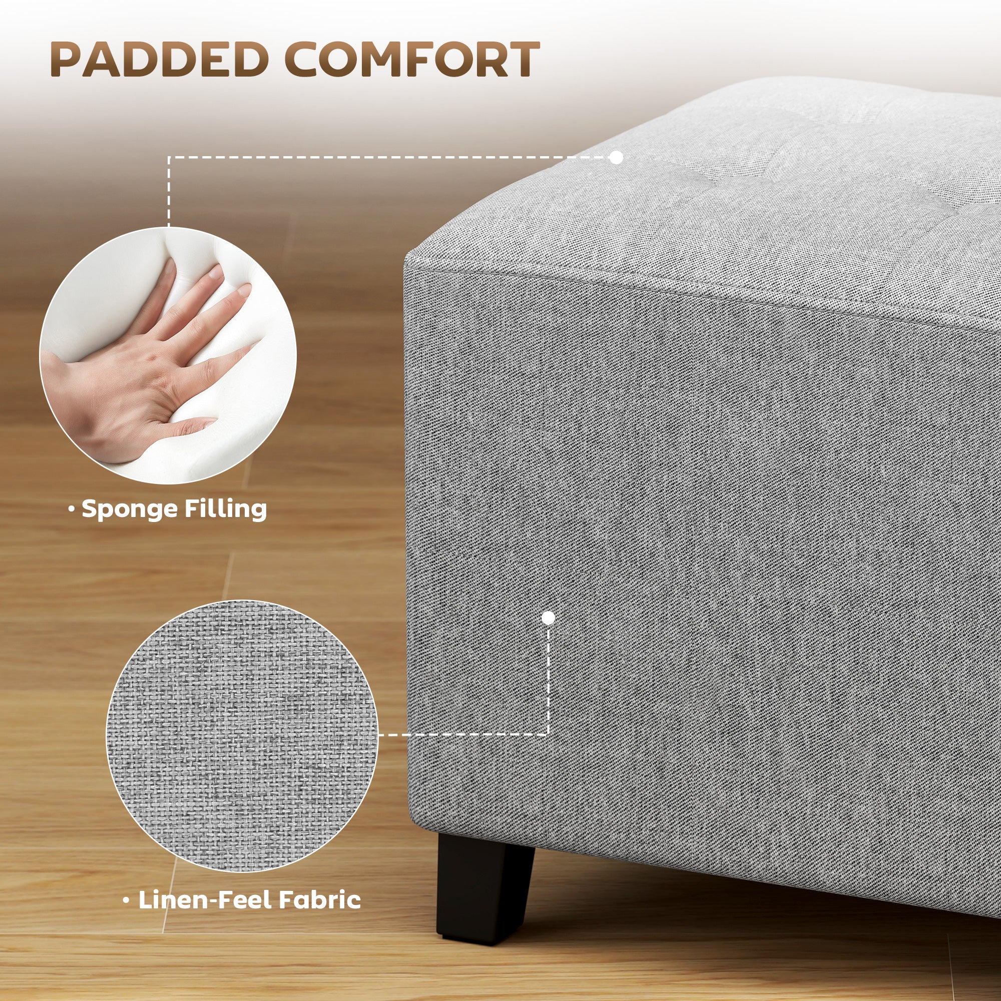 Kozy - Square Footstool, Small Ottoman with Side Pocket, Linen Fabric Footrest Foot Stool with Rubber Wood Legs and Padded Seat for Living Room, Bedroom, Entryway, 35 x 35 x 35cm, Light Grey