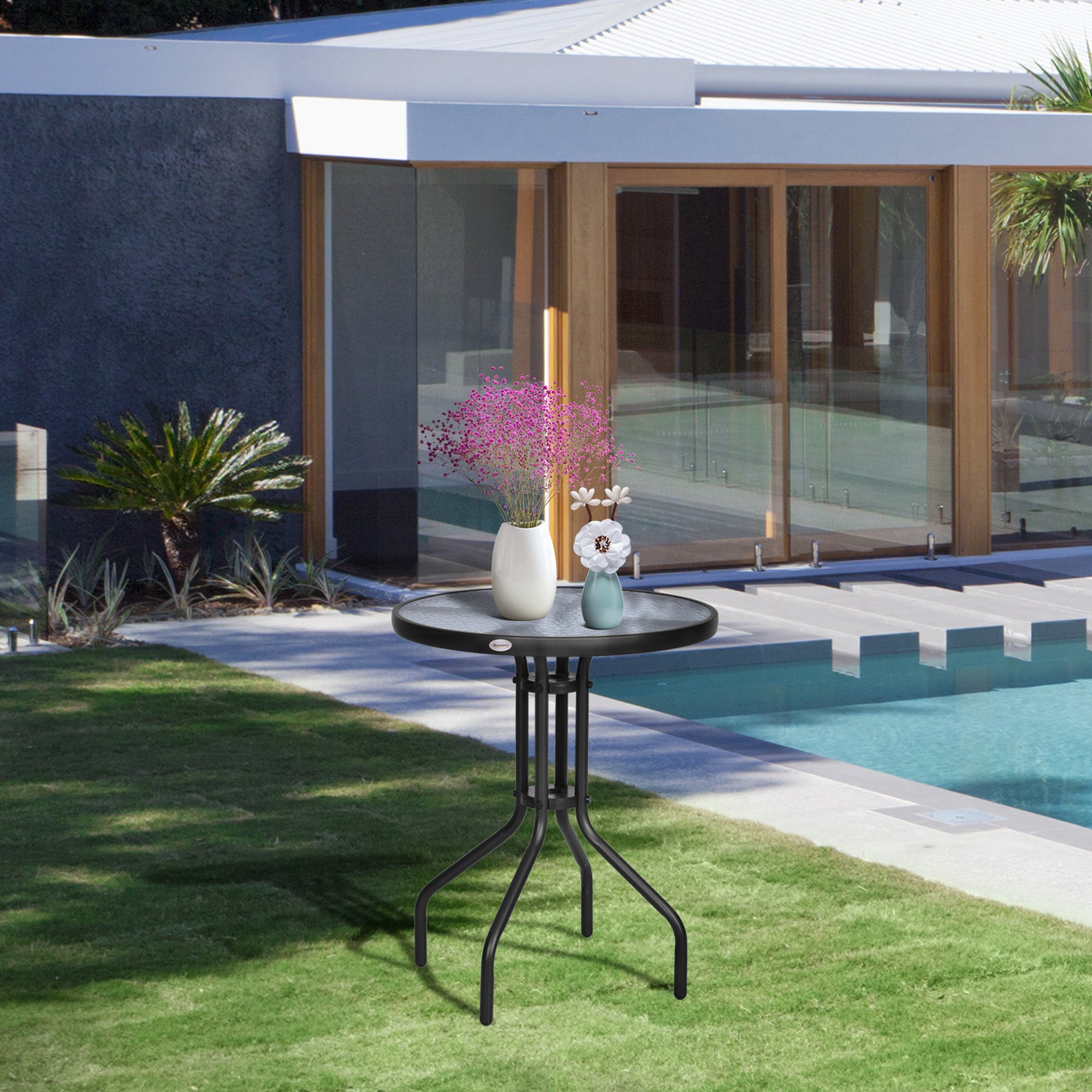 Kozy Bistro Coffee Table Outdoor Tempered Glass Top Table Garden Round Dining Table - 60cm Diameter