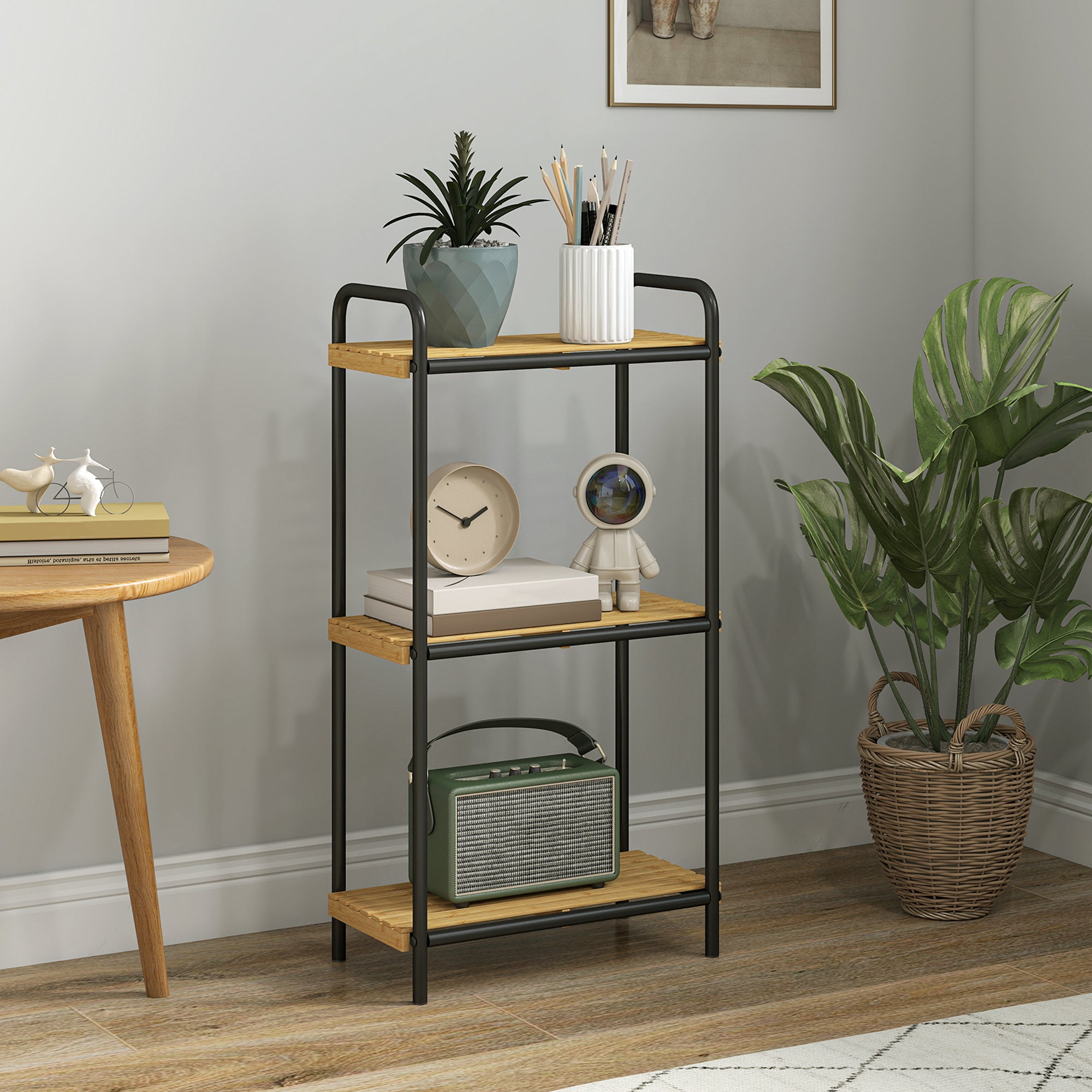 Kozy - 3-Tier Bamboo Bathroom Storage Shelf, Freestanding Narrow Shelving Unit with Slatted Shelves for Kitchen Bathroom Living Room, 41.5 x 21.5 x 77.5 cm, Natural and Black