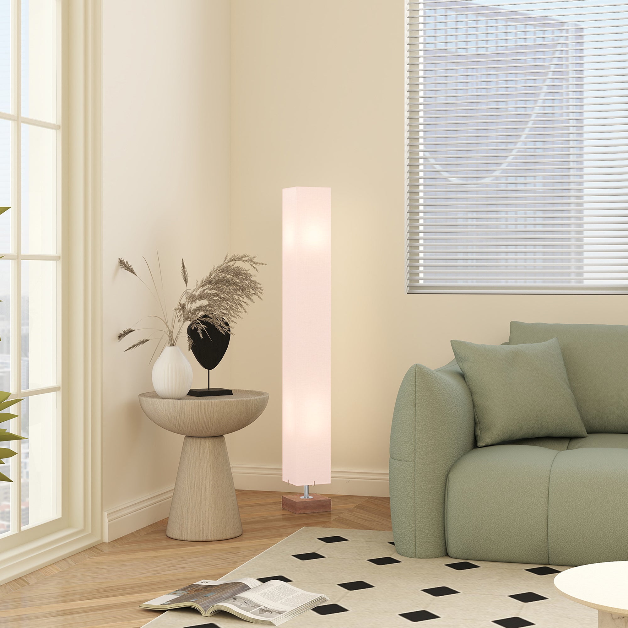 Kozy Floor Lamp, 120cm Standing Lamp with Linen Lampshade, Standard Light with Pine Wood Base for Living Room, Bedroom (Bulbs Not Included)