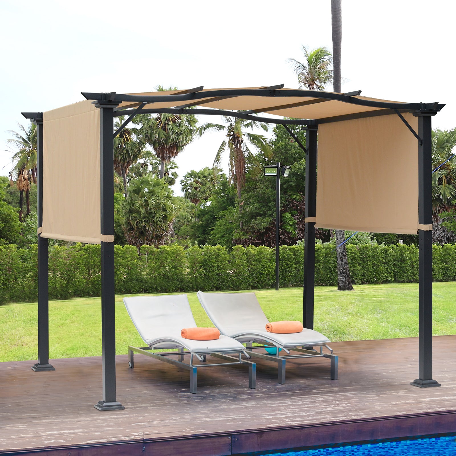 Kozy Outdoor Retractable Pergola Garden Gazebo with Two Adjustable Side Canopy Overhead Sun Shade Backyard Canopy Cover, Steel Khaki 2.96x2.45x2.3m