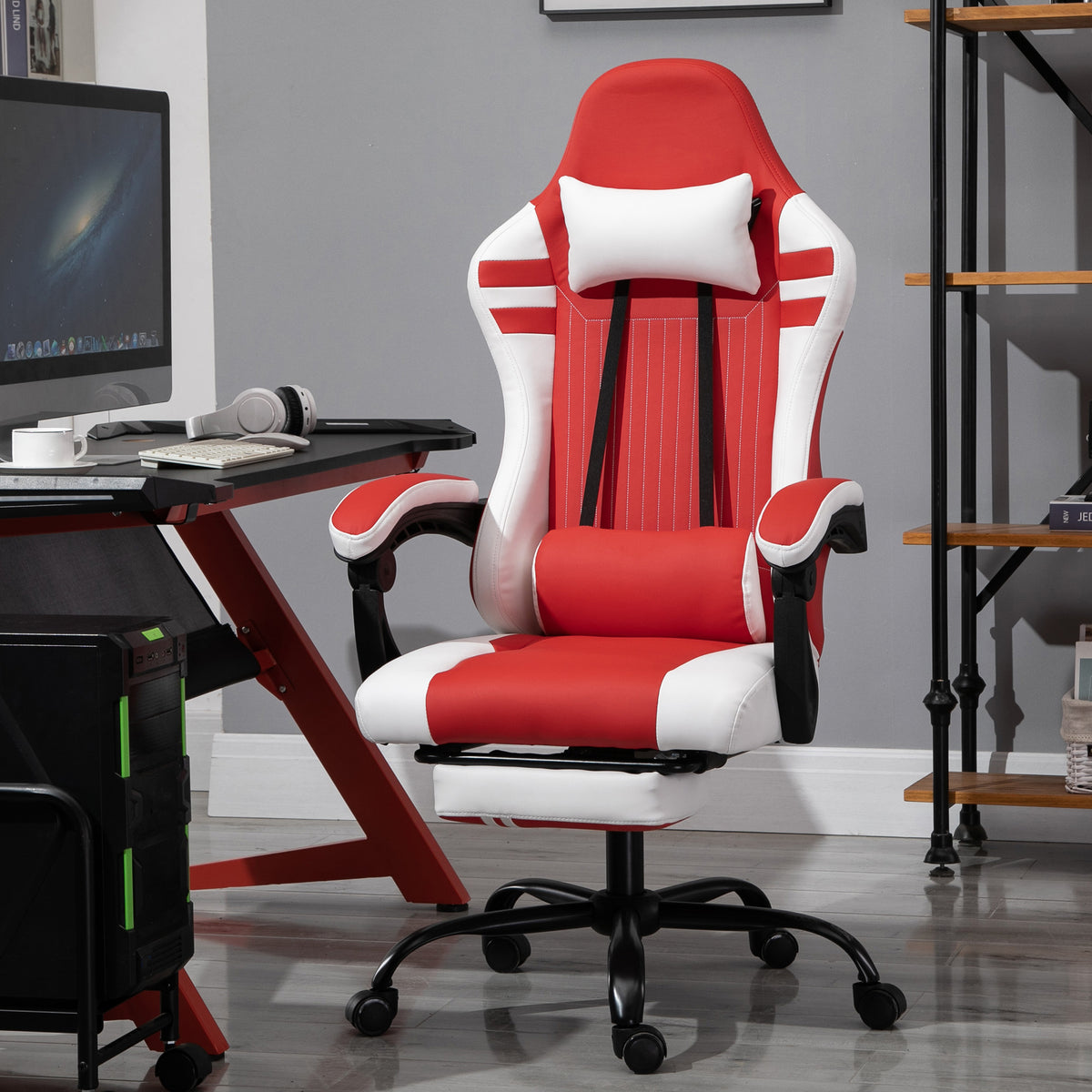 Vinsetto PU Leather Gaming Chair w/ Headrest, Footrest, Wheels, Adjustable Height, Racing Gamer Recliner, Red White