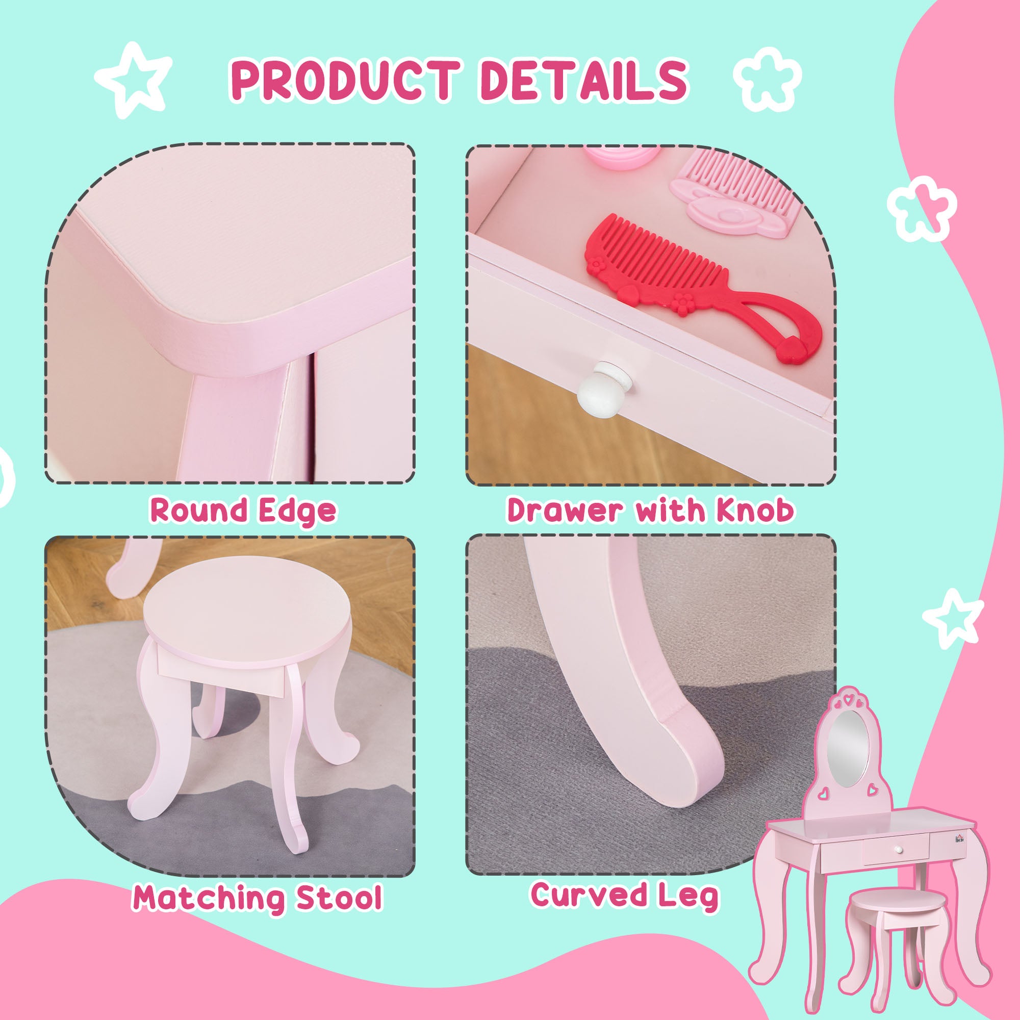 Kozy Kids Vanity Table & Stool Girls Dressing Set Make Up Desk Chair Dresser Play Set with Mirror Pink