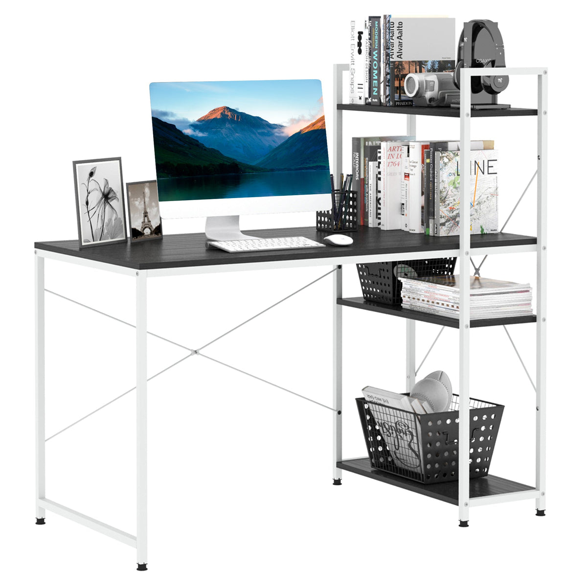 HOMCOM Workstation Wonder: 4-Tier Bookshelf, Sturdy Metal Frame, Wooden Desktop, Home Office Companion, Black & White | Aosom UK