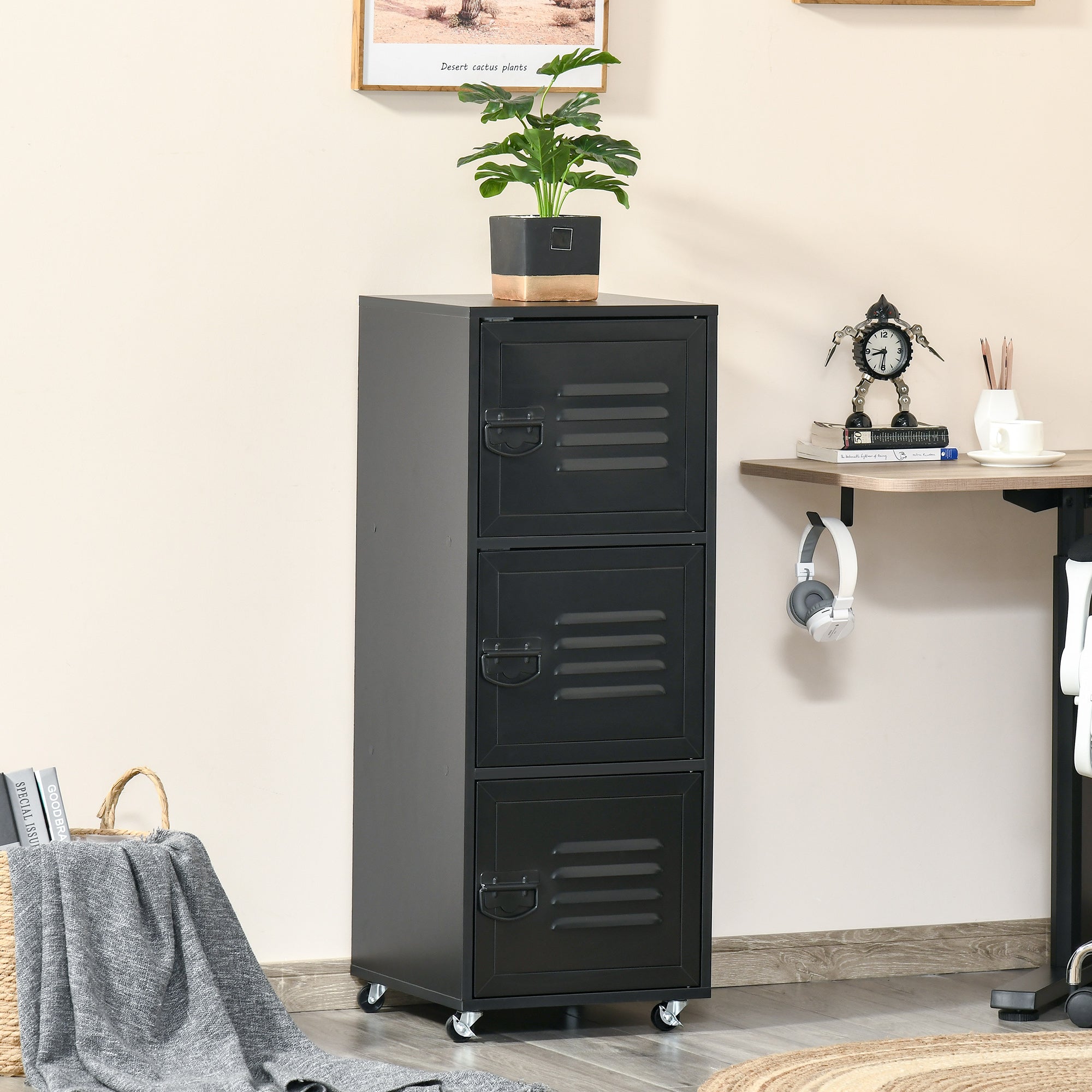 Kozy Rolling Storage Cabinet 3-Tier Mobile File Cabinet with Wheels & Metal Doors for Home Office, Living Room, Black