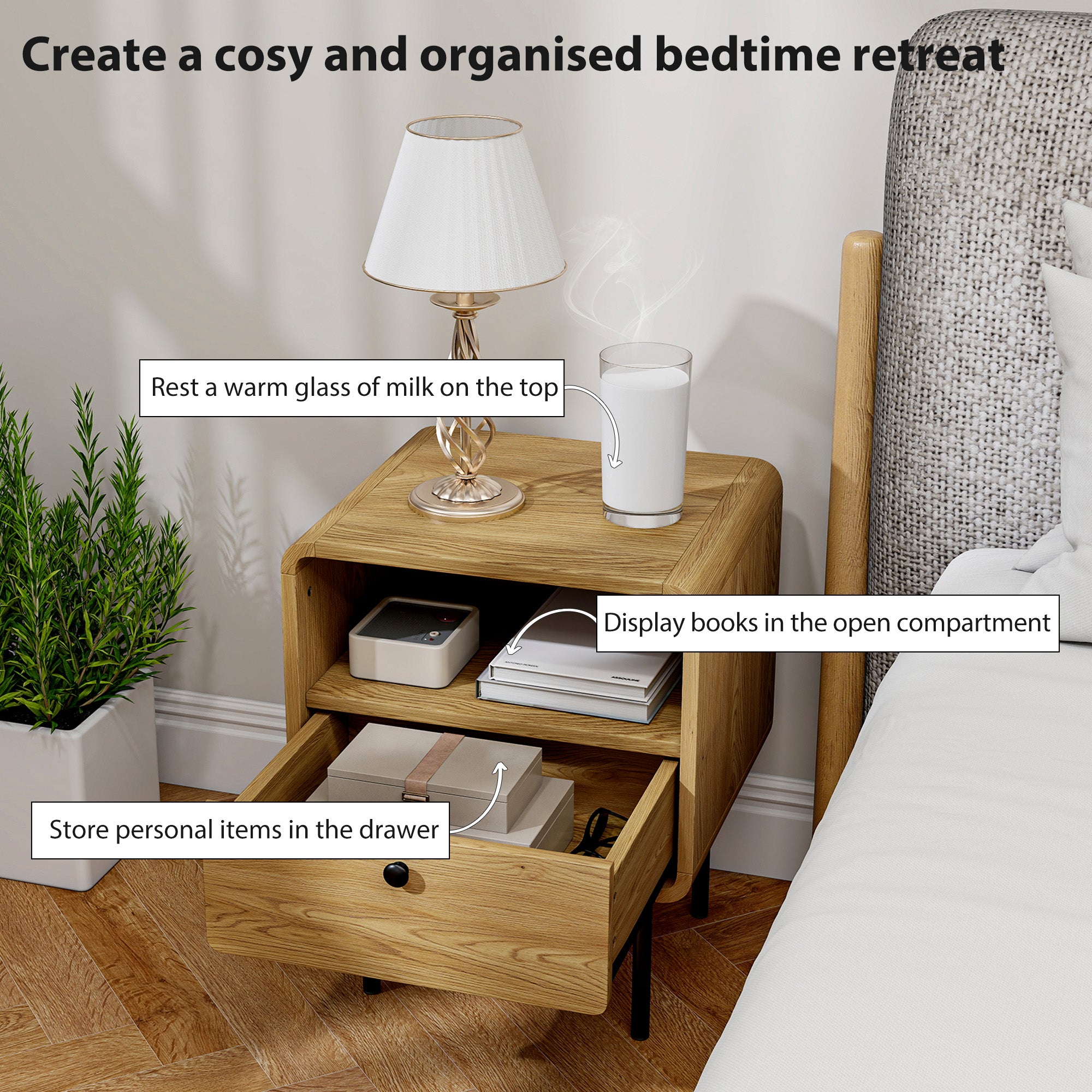 Kozy Bedside Table with Drawer and Open Shelf - Oak