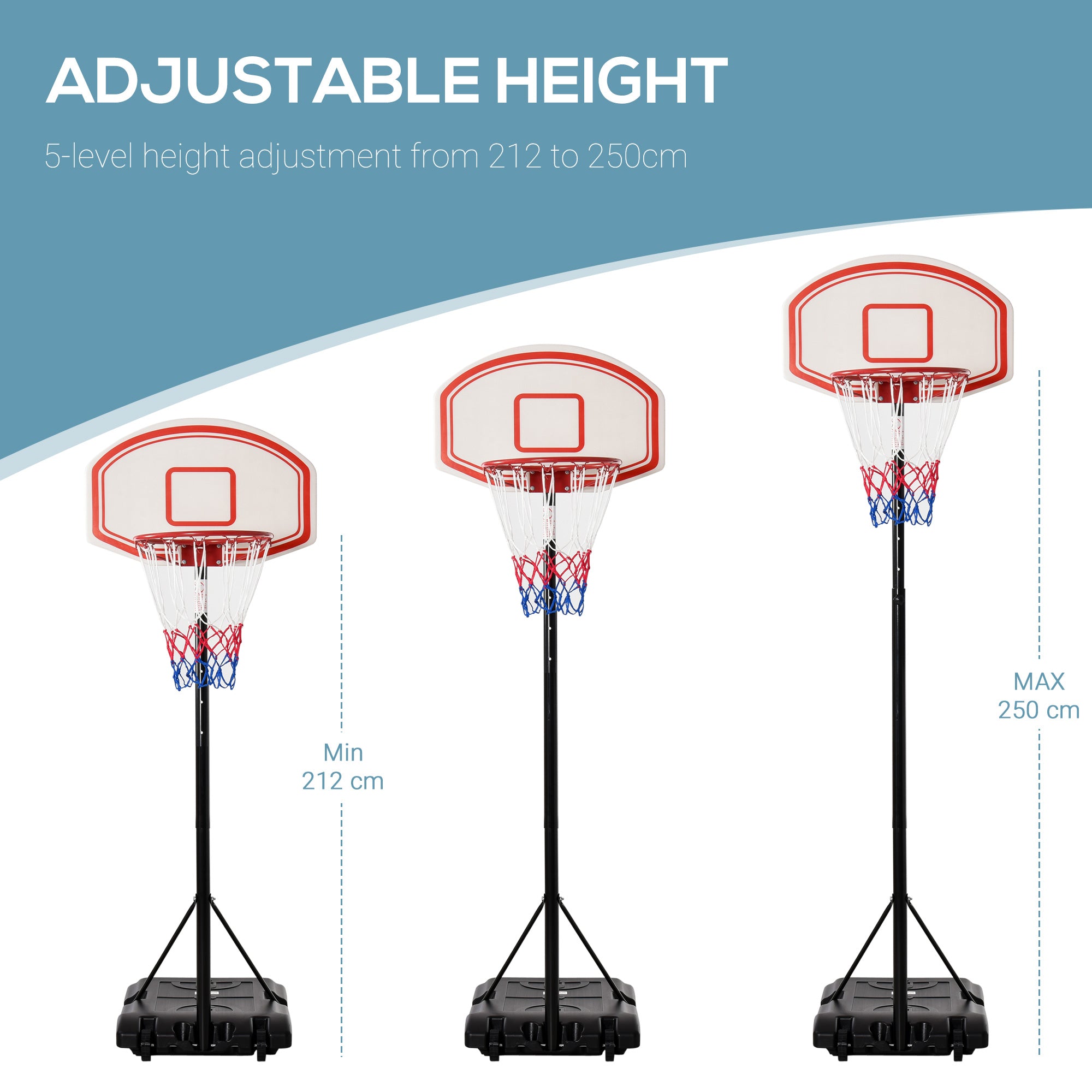 Kozy Portable Basketball Stand 175-215cm Adjustable Height Sturdy Rim Hoop w/ Large Wheels Stable Base Net Free Standing